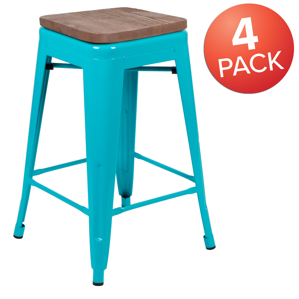 24" High Metal Counter-Height, Indoor Bar Stool with Wood Seat - Stackable Set of 4