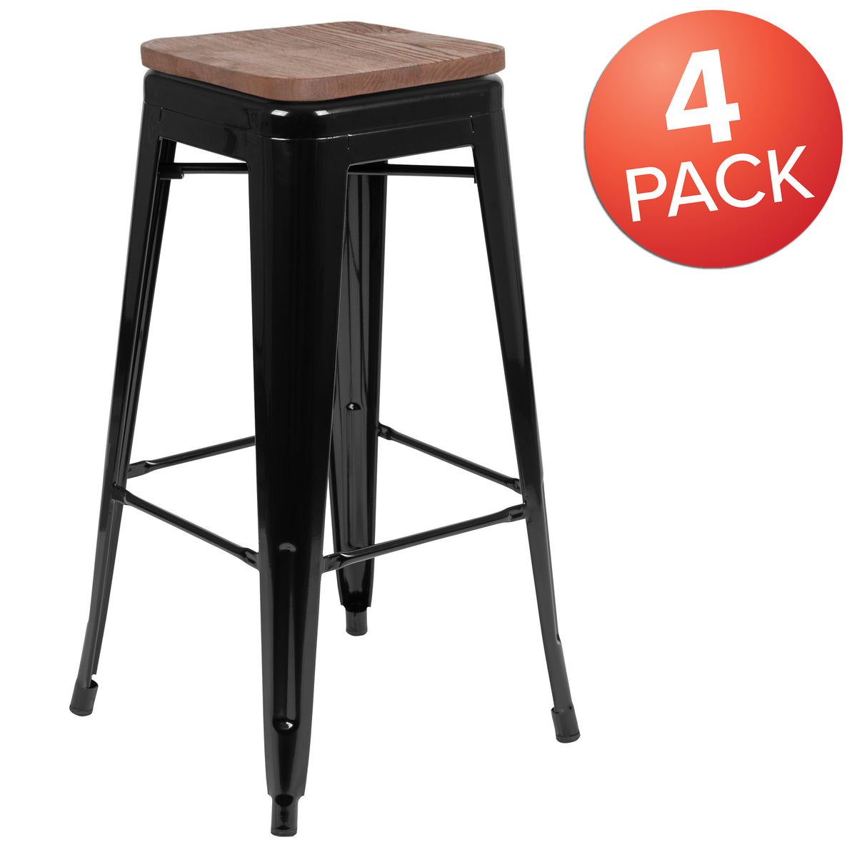 30" High Metal Indoor Bar Stool with Wood Seat - Stackable Set of 4
