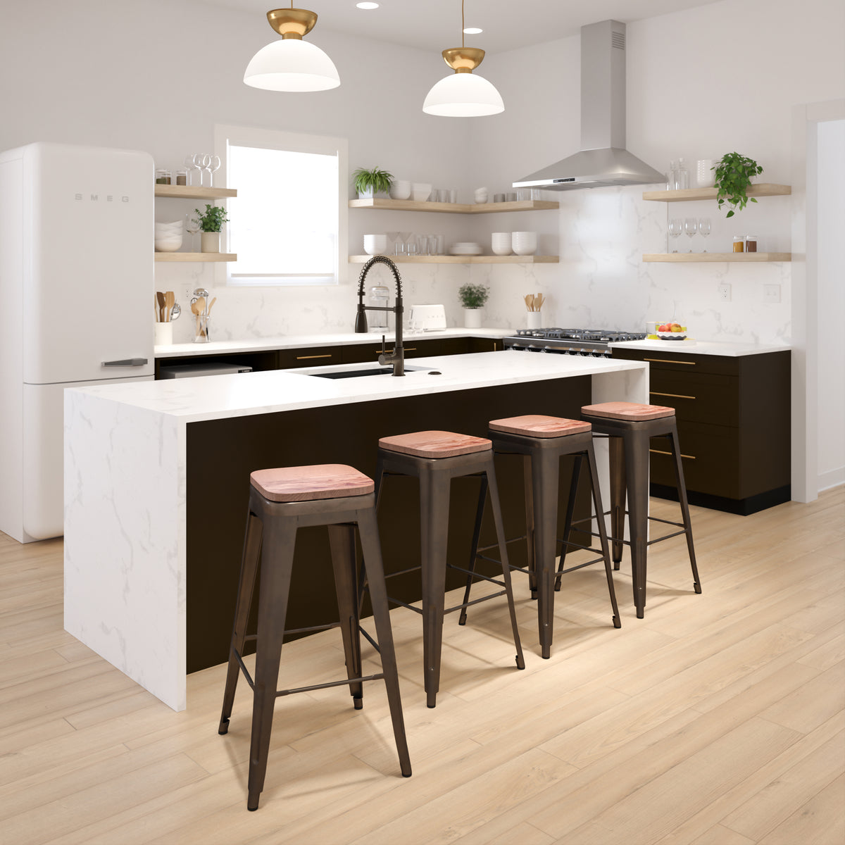 30" High Metal Indoor Bar Stool with Wood Seat - Stackable Set of 4