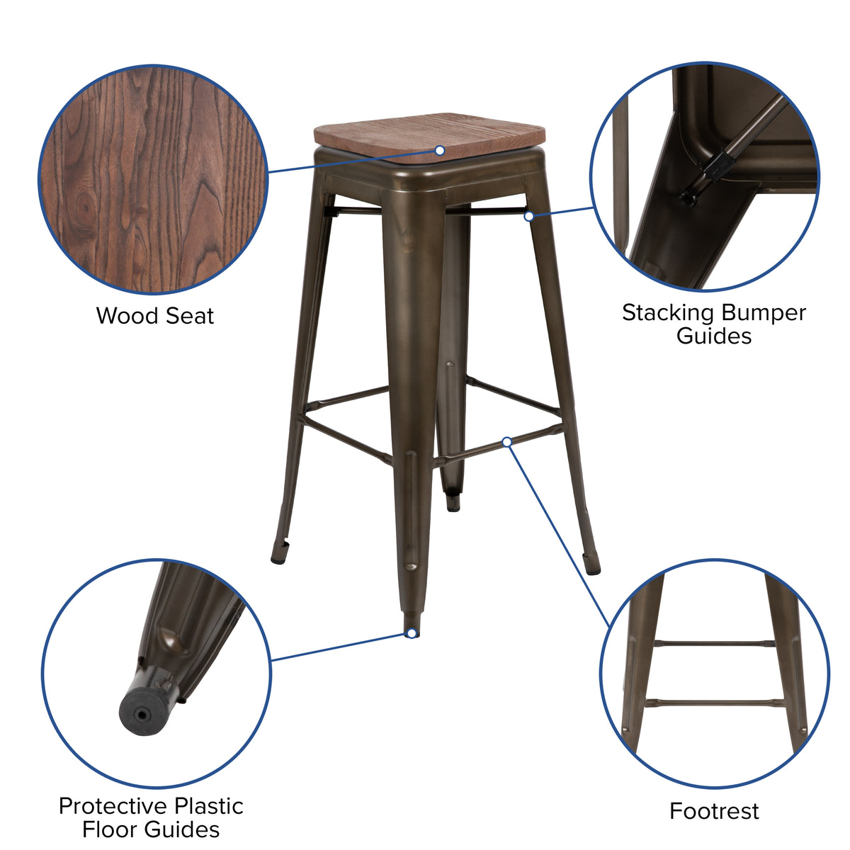 30" High Metal Indoor Bar Stool with Wood Seat - Stackable Set of 4