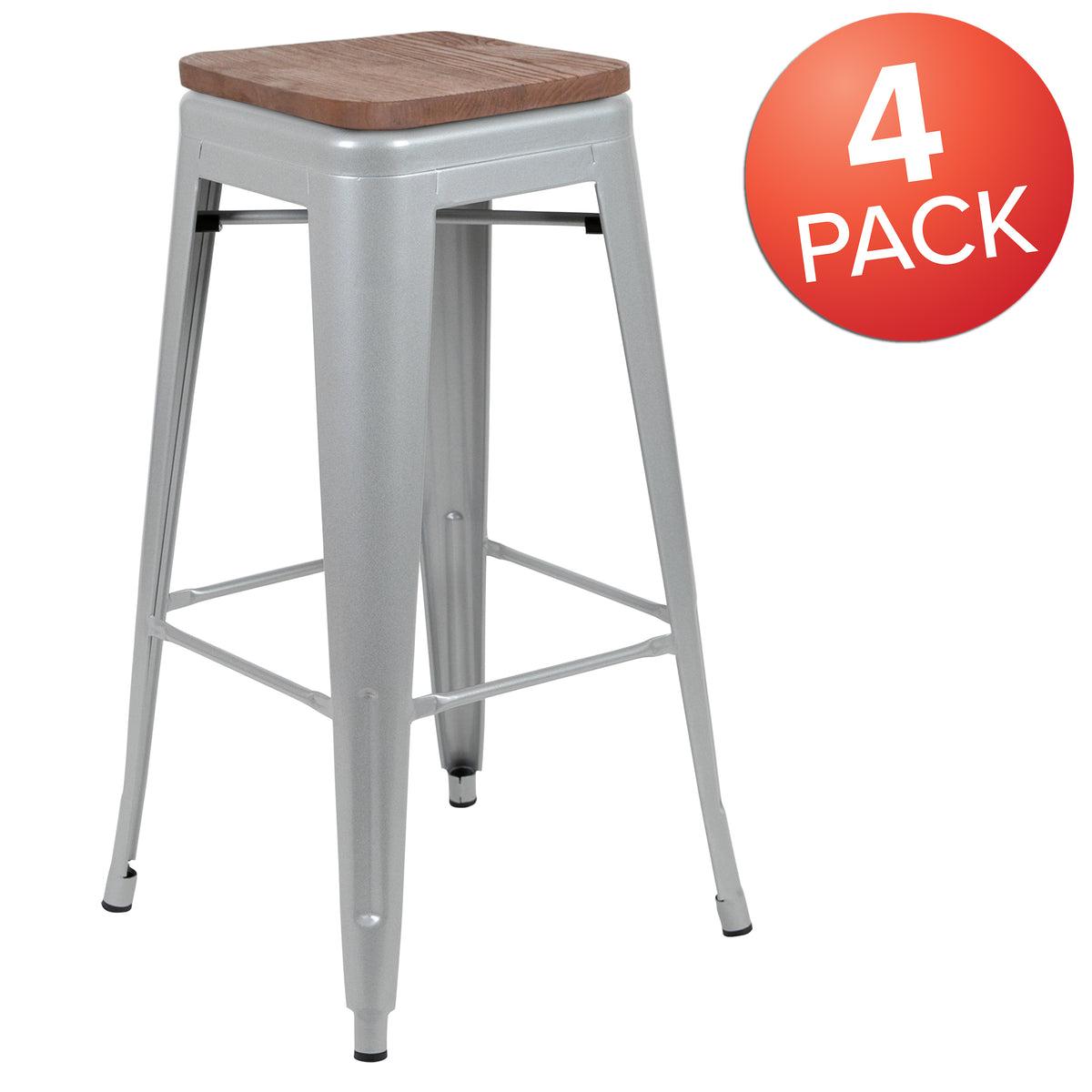 30" High Metal Indoor Bar Stool with Wood Seat - Stackable Set of 4