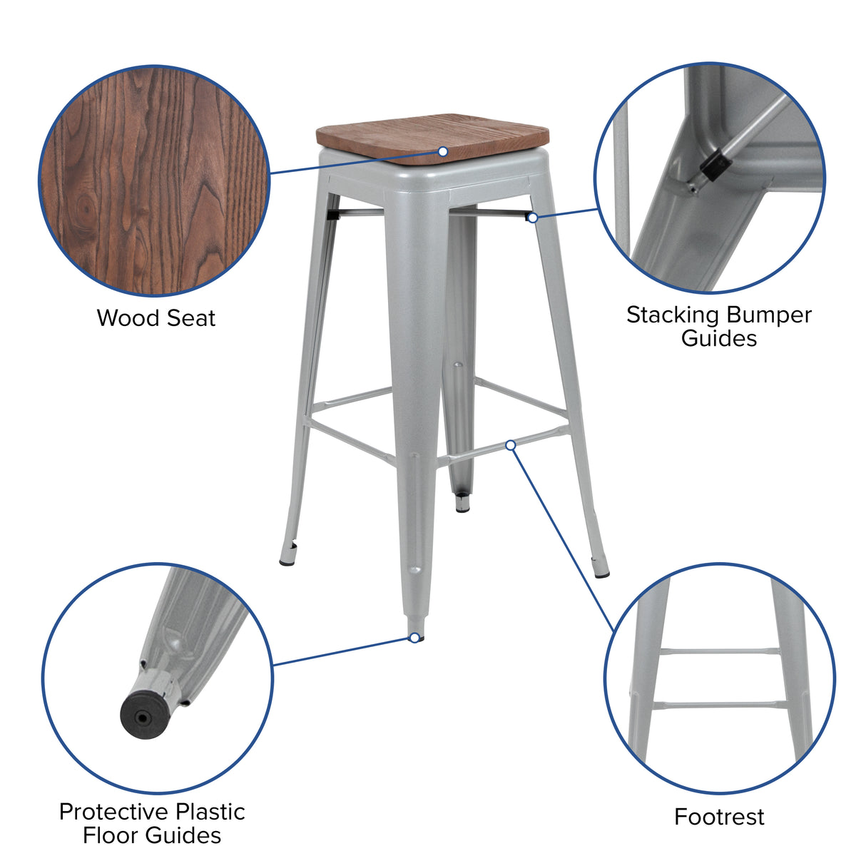 30" High Metal Indoor Bar Stool with Wood Seat - Stackable Set of 4