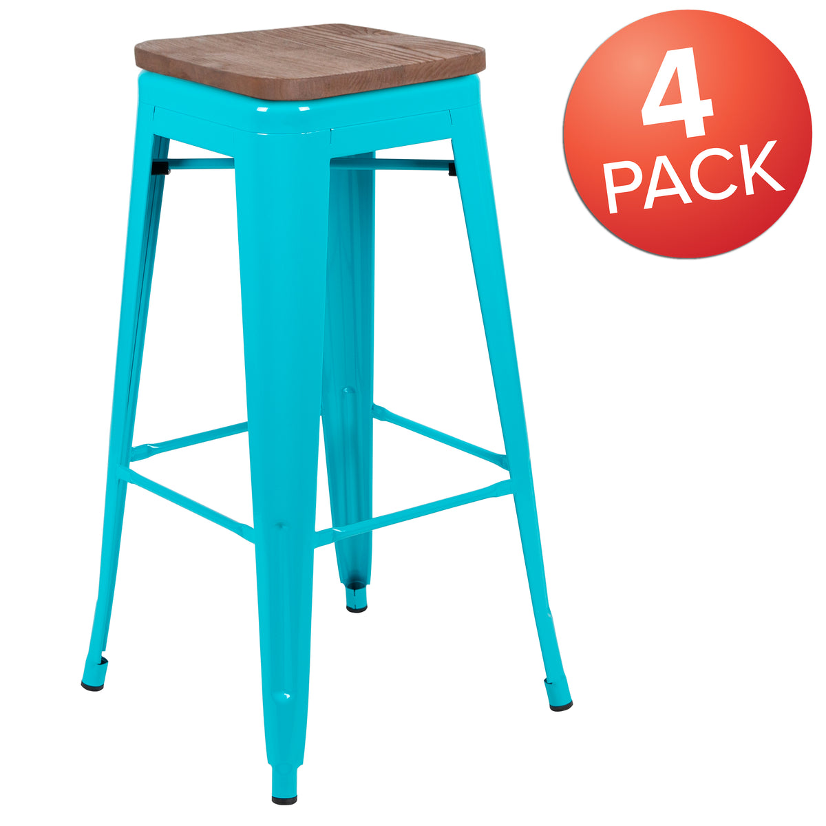 30" High Metal Indoor Bar Stool with Wood Seat - Stackable Set of 4