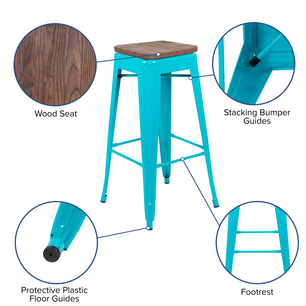 30" High Metal Indoor Bar Stool with Wood Seat - Stackable Set of 4