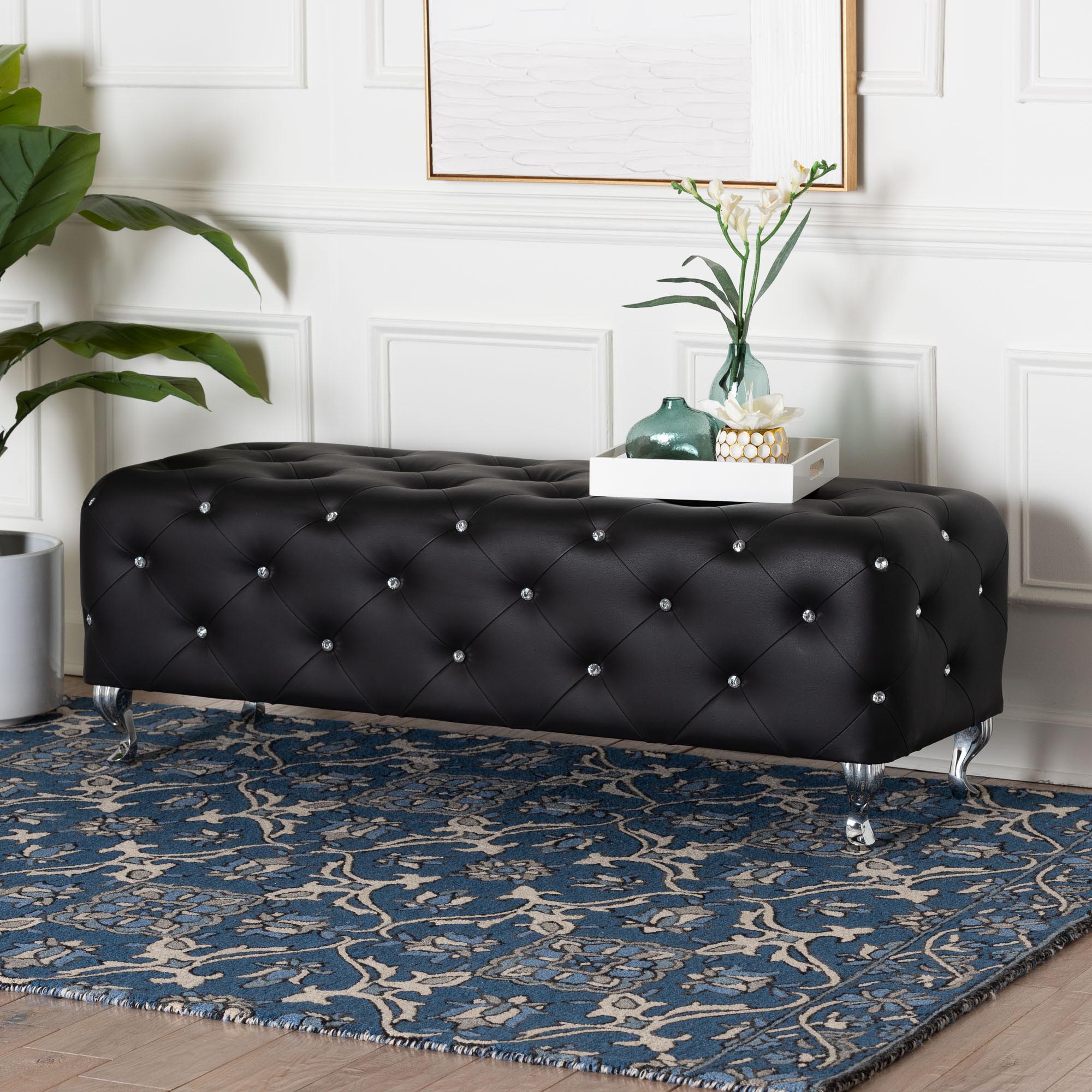 Stella Crystal Tufted Leather Modern Bench