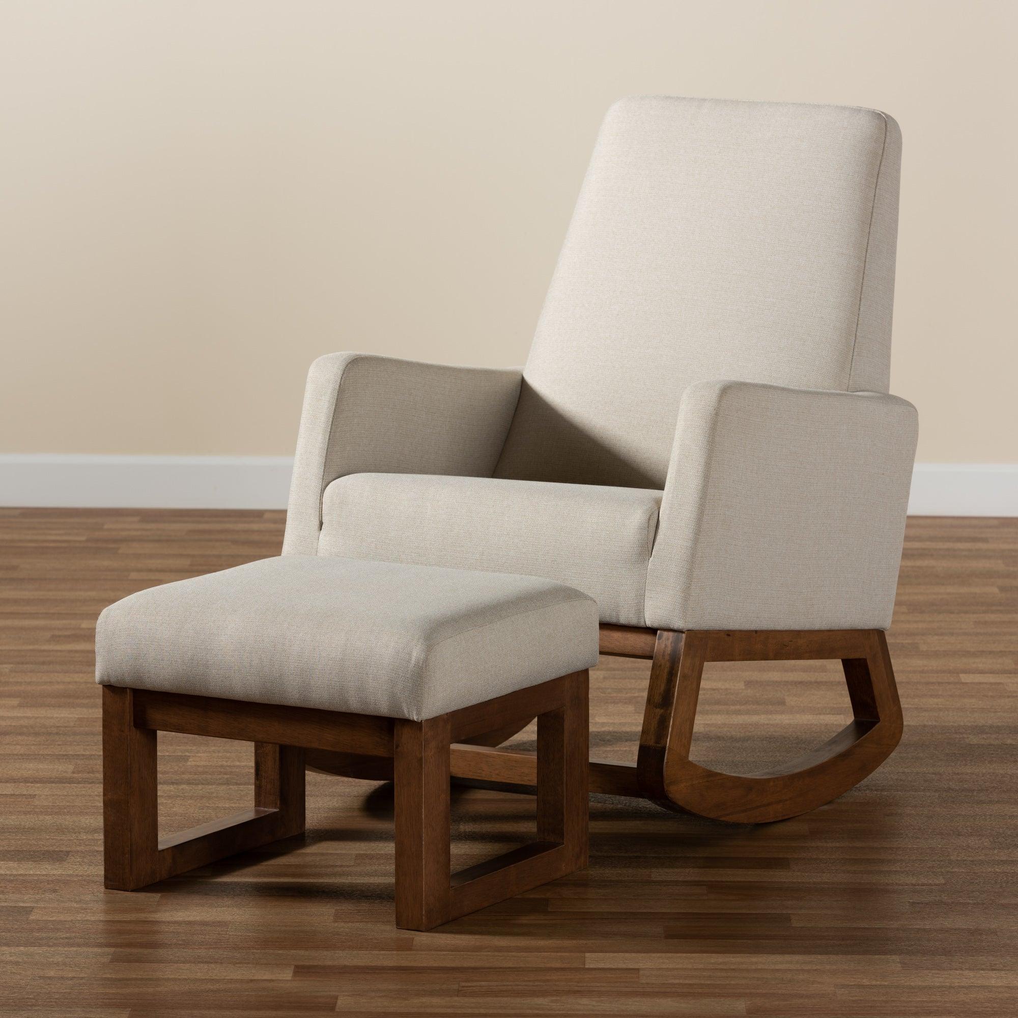 Yashiya Mid-century Retro Modern Light Fabric Upholstered Rocking Chair and Ottoman Set