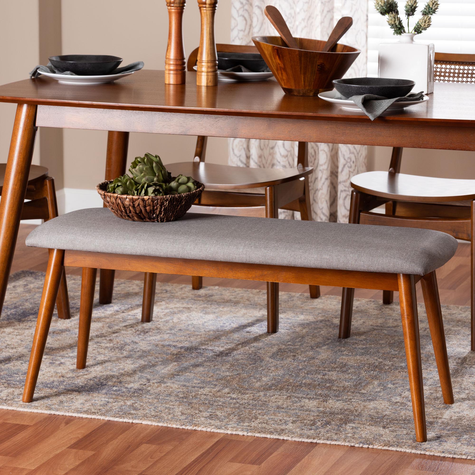 Flora Mid-Century Modern Light Fabric and "" Medium Finishing Wood Dining Bench