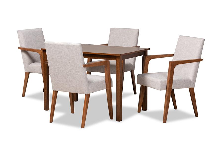 Glenda Mid-Century Modern ish Fabric Upholstered and Finished Wood 5-Piece Dining Set