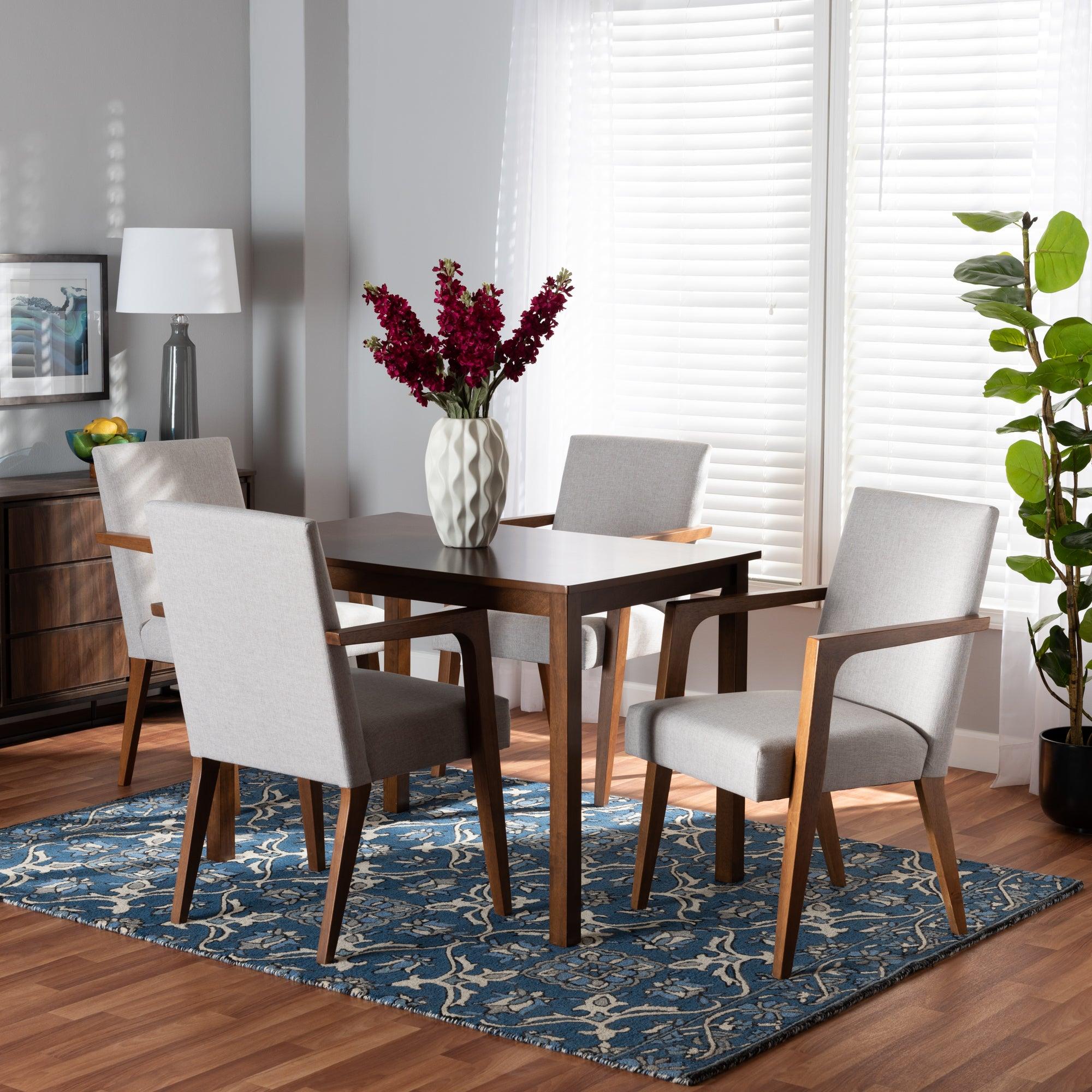 Glenda Mid-Century Modern ish Fabric Upholstered and Finished Wood 5-Piece Dining Set