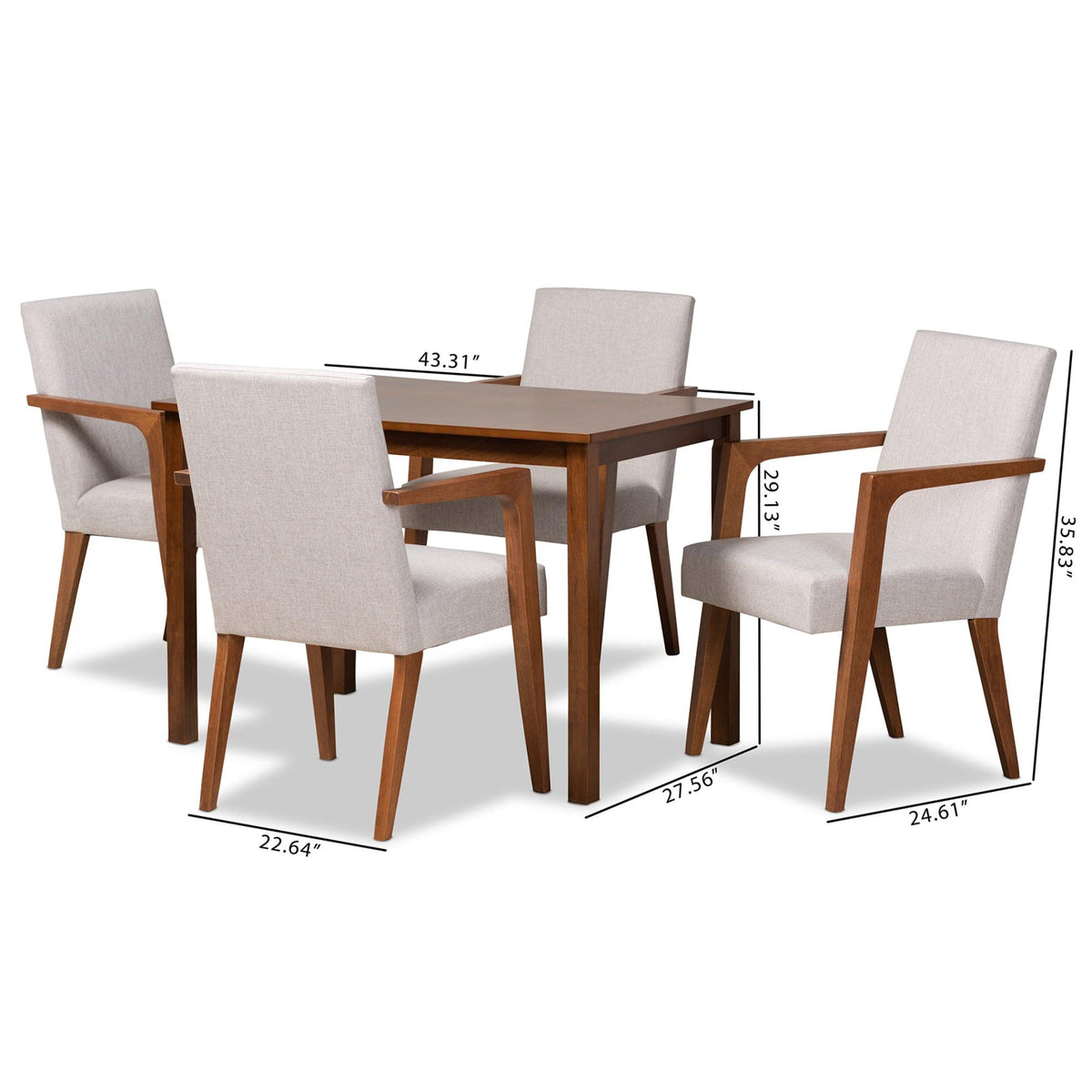Glenda Mid-Century Modern ish Fabric Upholstered and Finished Wood 5-Piece Dining Set