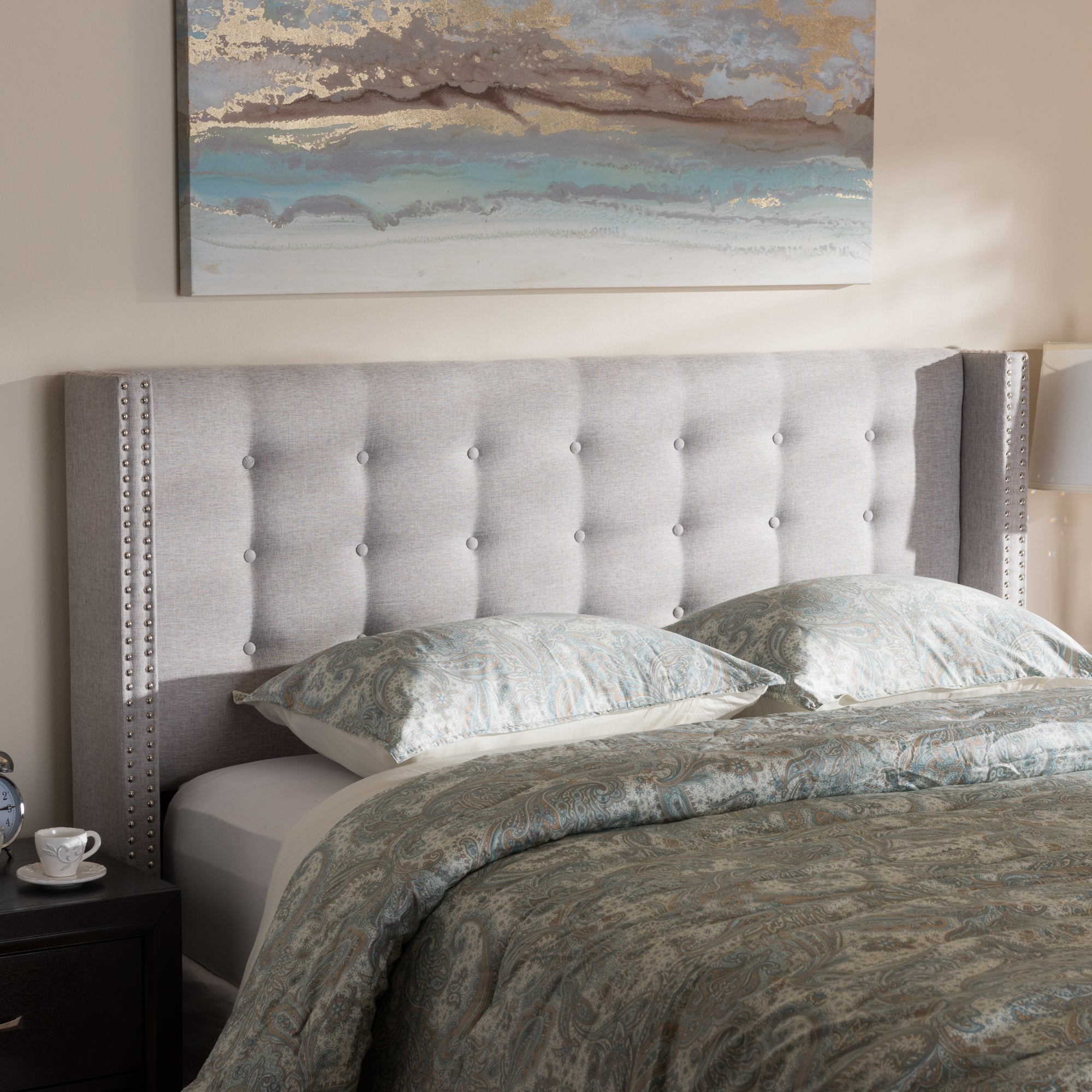 Ginaro Modern And Contemporary Fabric Button-Tufted Nail head Winged Headboard