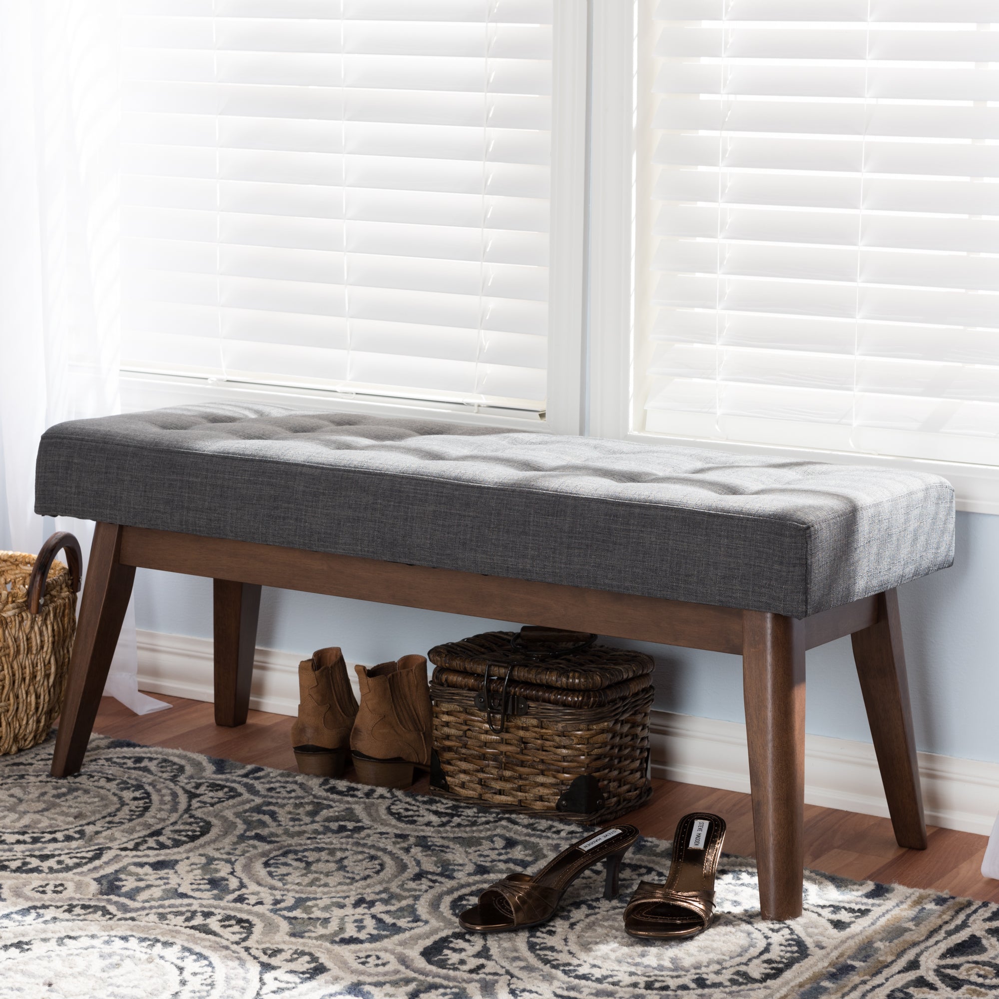 Elia Mid-Century Modern Wood Fabric Button-Tufted Bench