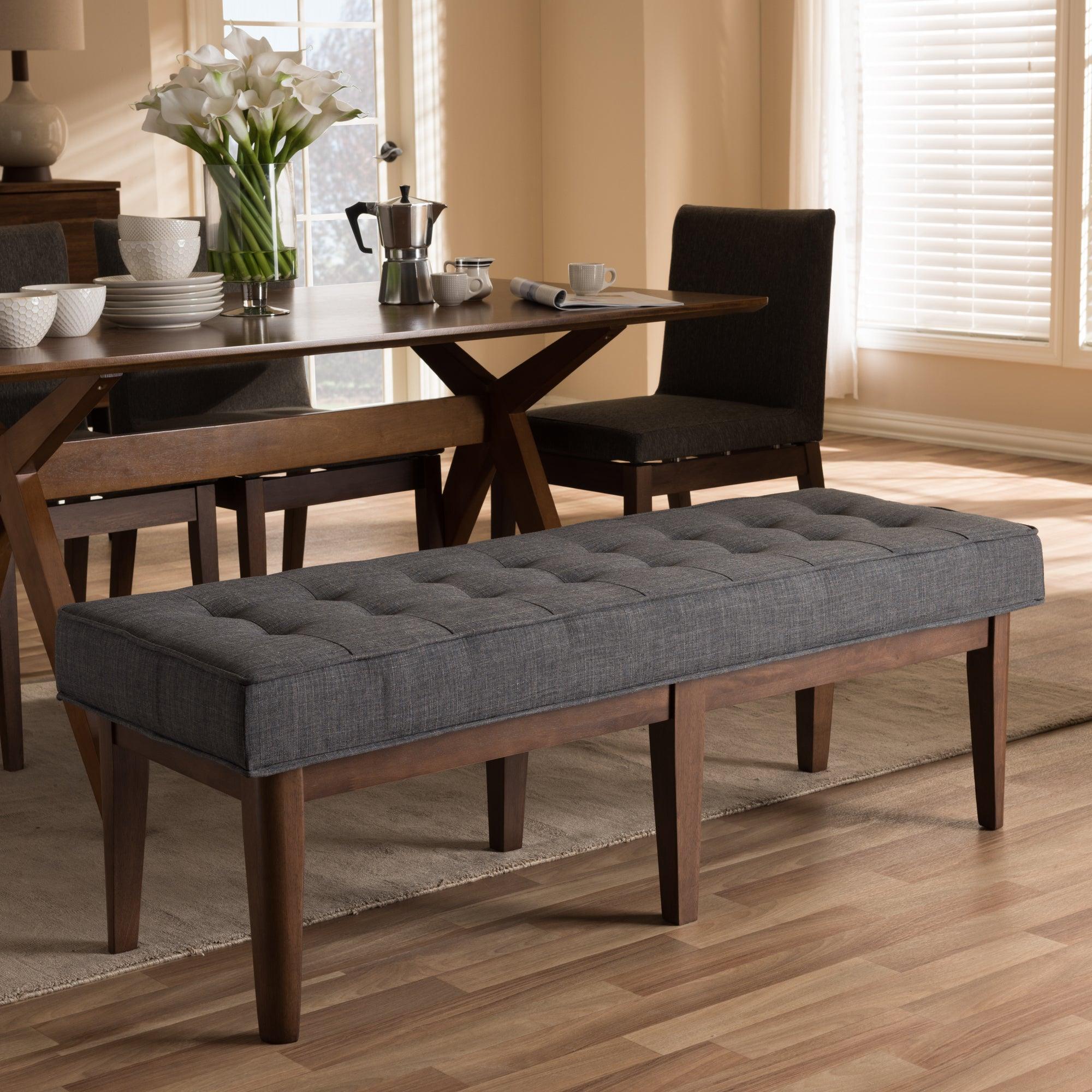 Lucca Mid-Century Modern Wood Dark Fabric Button-Tufted Bench