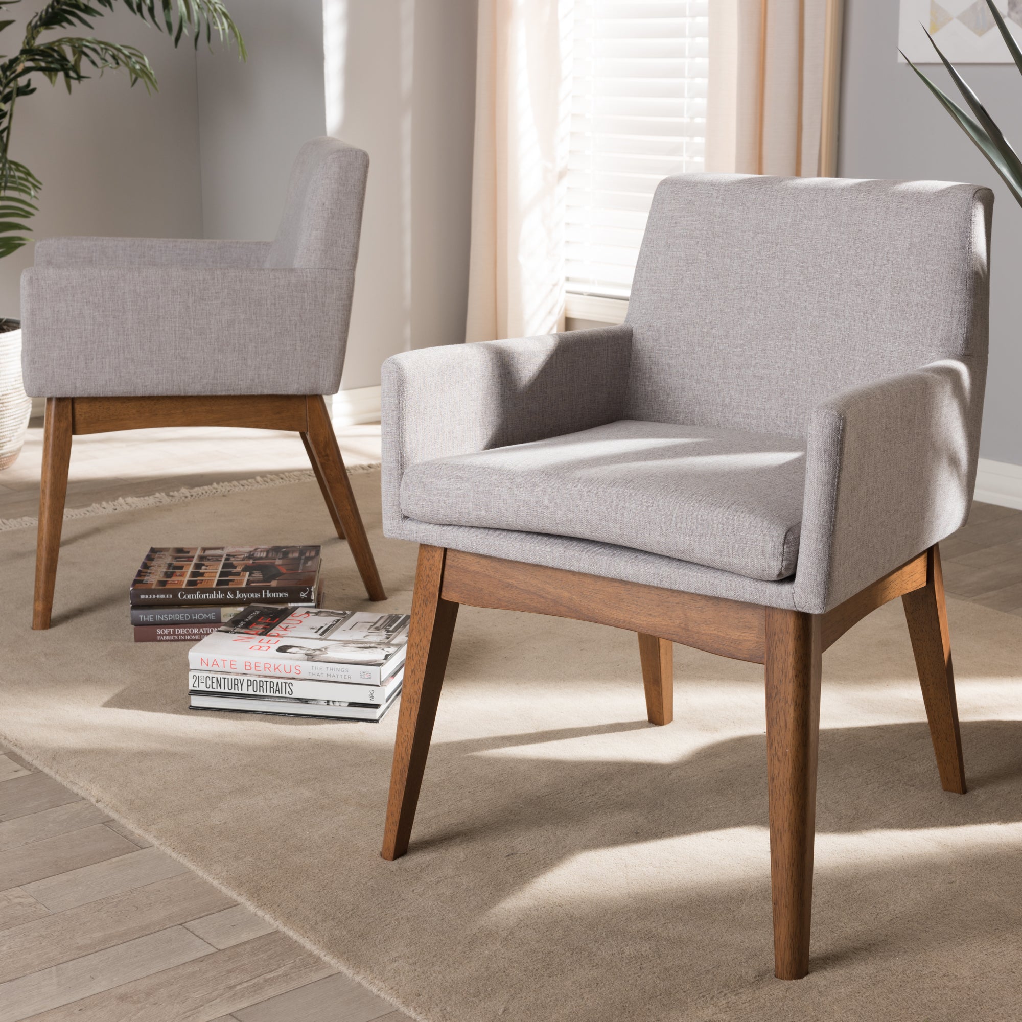 Nexus Mid-Century Modern Wood Finishing Fabric Dining Armchair (Set of 2)