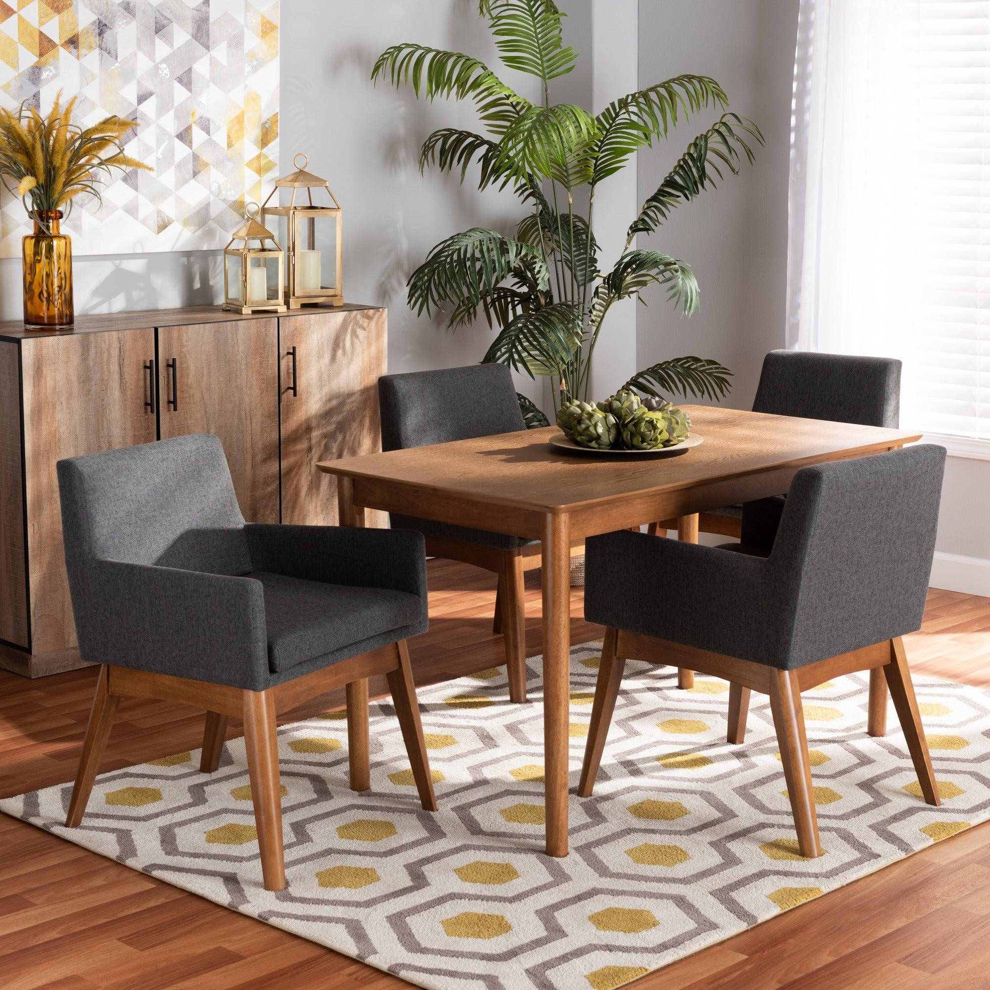 Dorina Mid-Century Modern Dark Fabric Upholstered and Finished Wood 5-Piece Dining Set