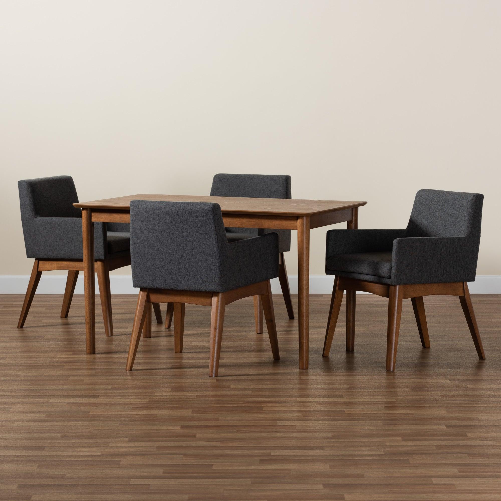 Dorina Mid-Century Modern Dark Fabric Upholstered and Finished Wood 5-Piece Dining Set