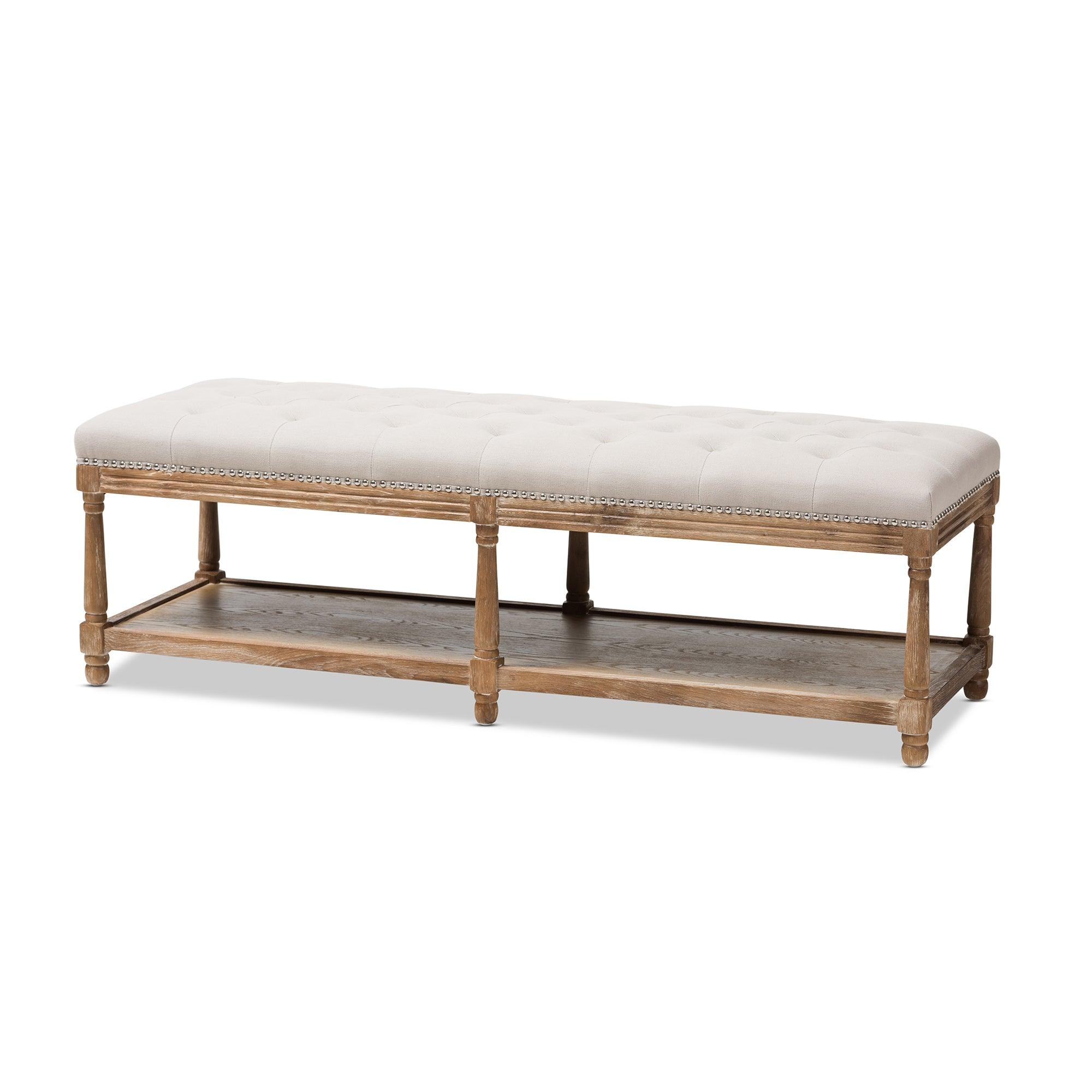 Celeste French Country Weathered Linen Upholstered Ottoman