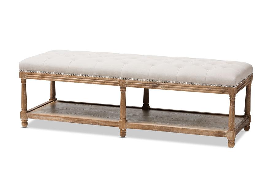 Celeste French Country Weathered Linen Upholstered Ottoman