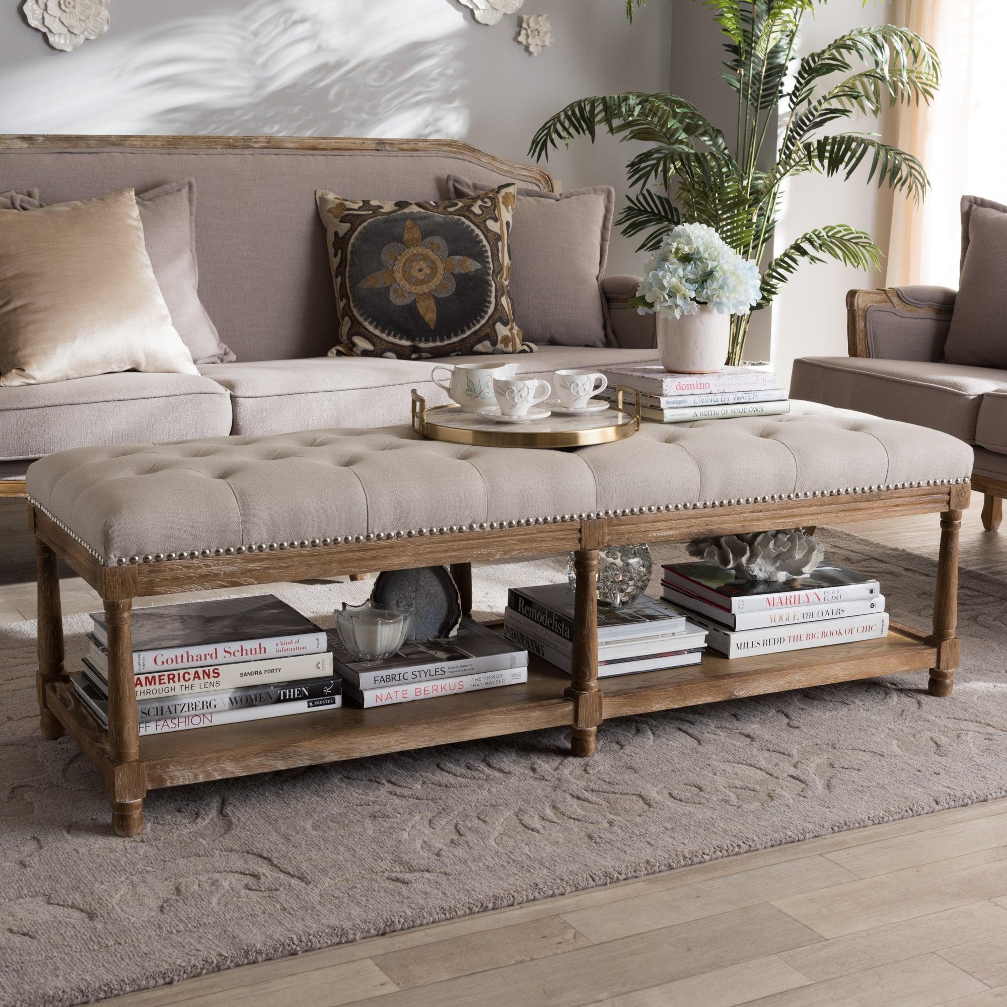 Celeste French Country Weathered Linen Upholstered Ottoman Bench