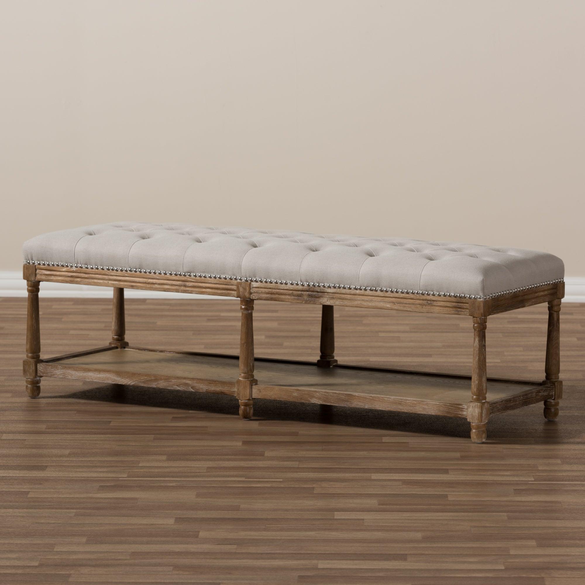 Celeste French Country Weathered Linen Upholstered Ottoman Bench