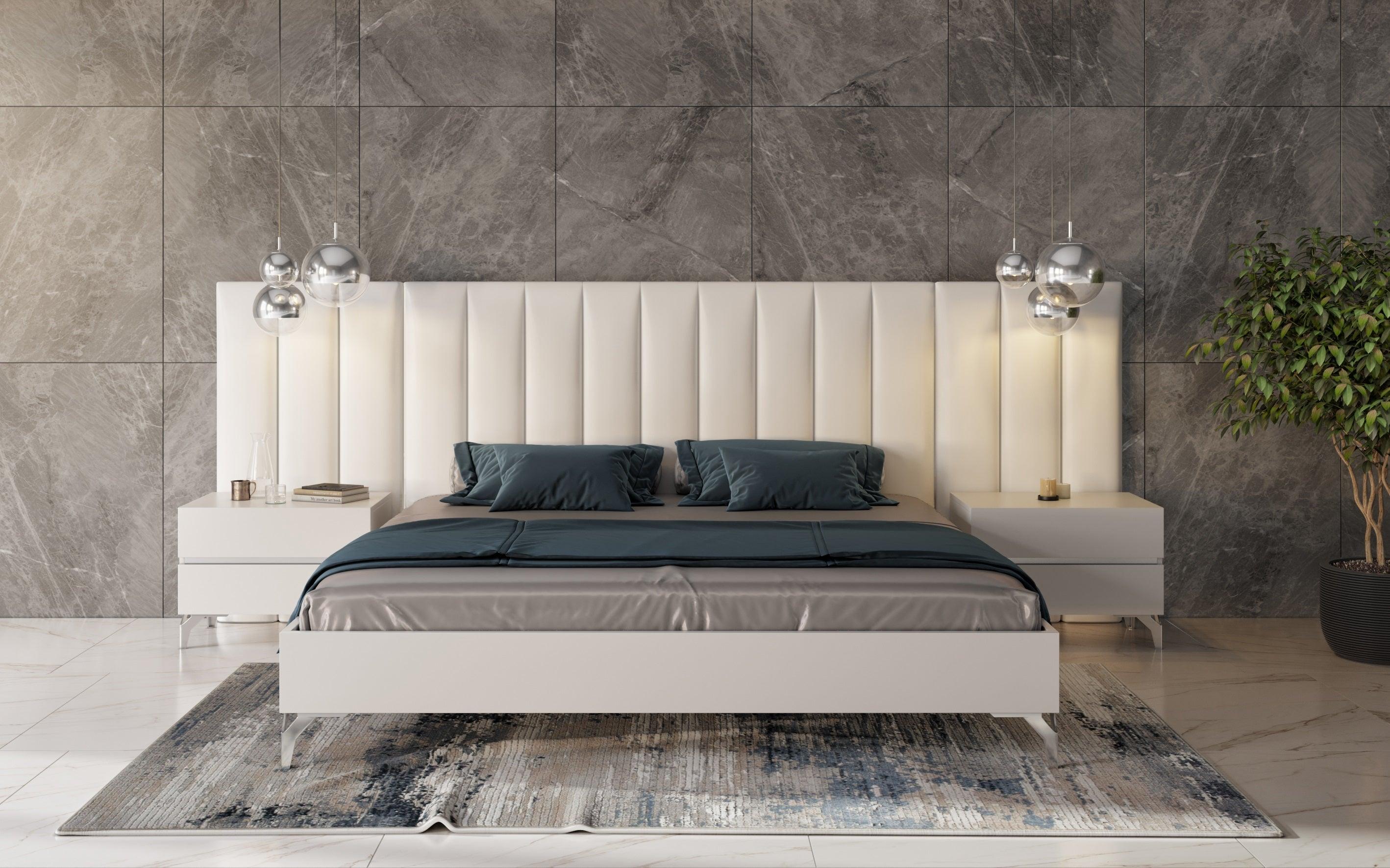 Angela Italian Modern Eco Leather Bed w/ Nightstands and Wings