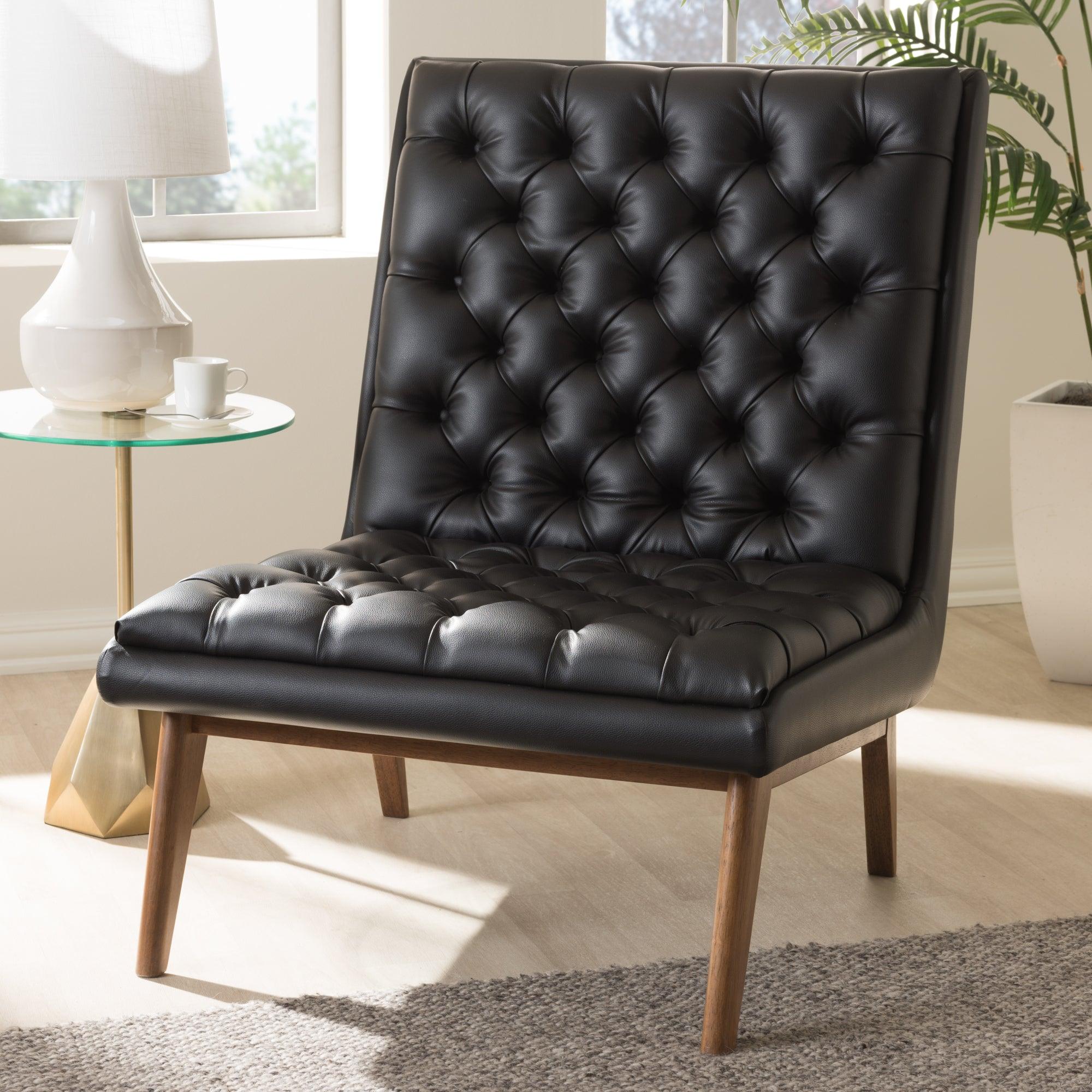 Annetha Mid-Century Modern Faux Leather Upholstered Finished Wood Lounge Chair
