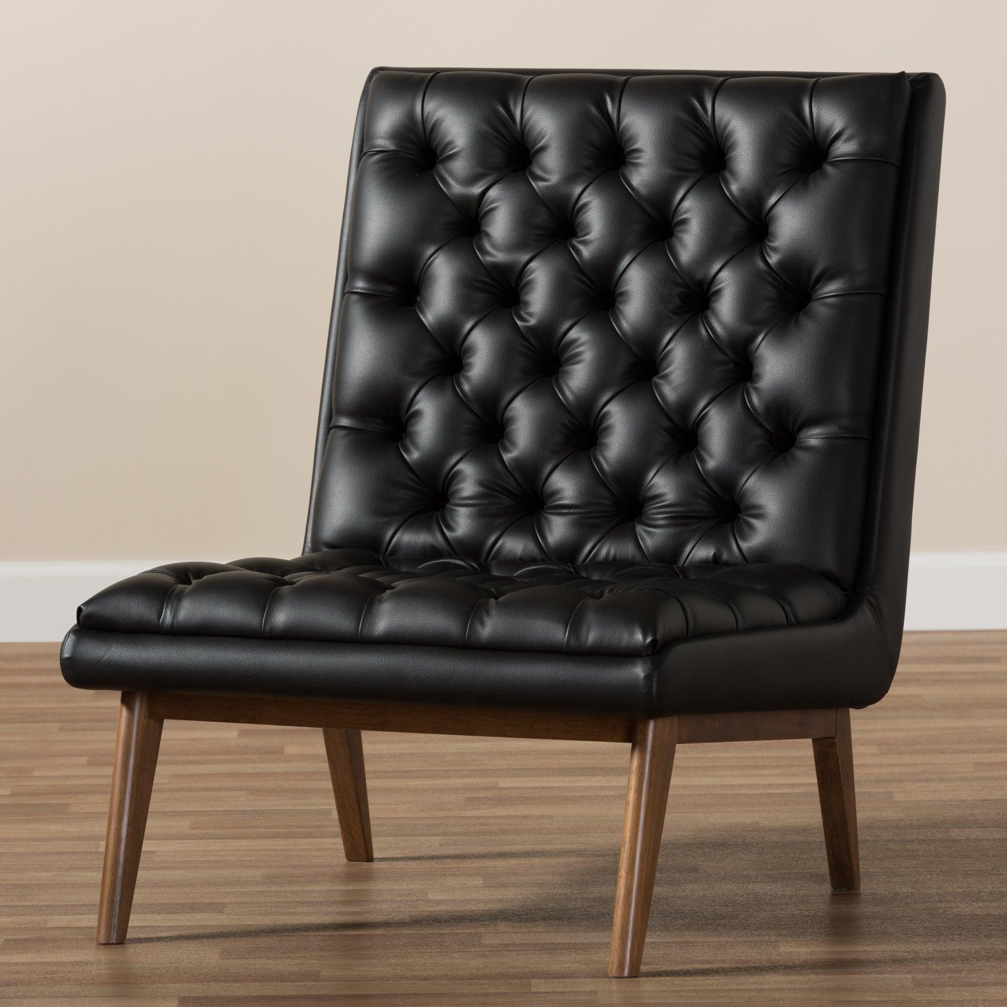 Annetha Mid-Century Modern Faux Leather Upholstered Finished Wood Lounge Chair