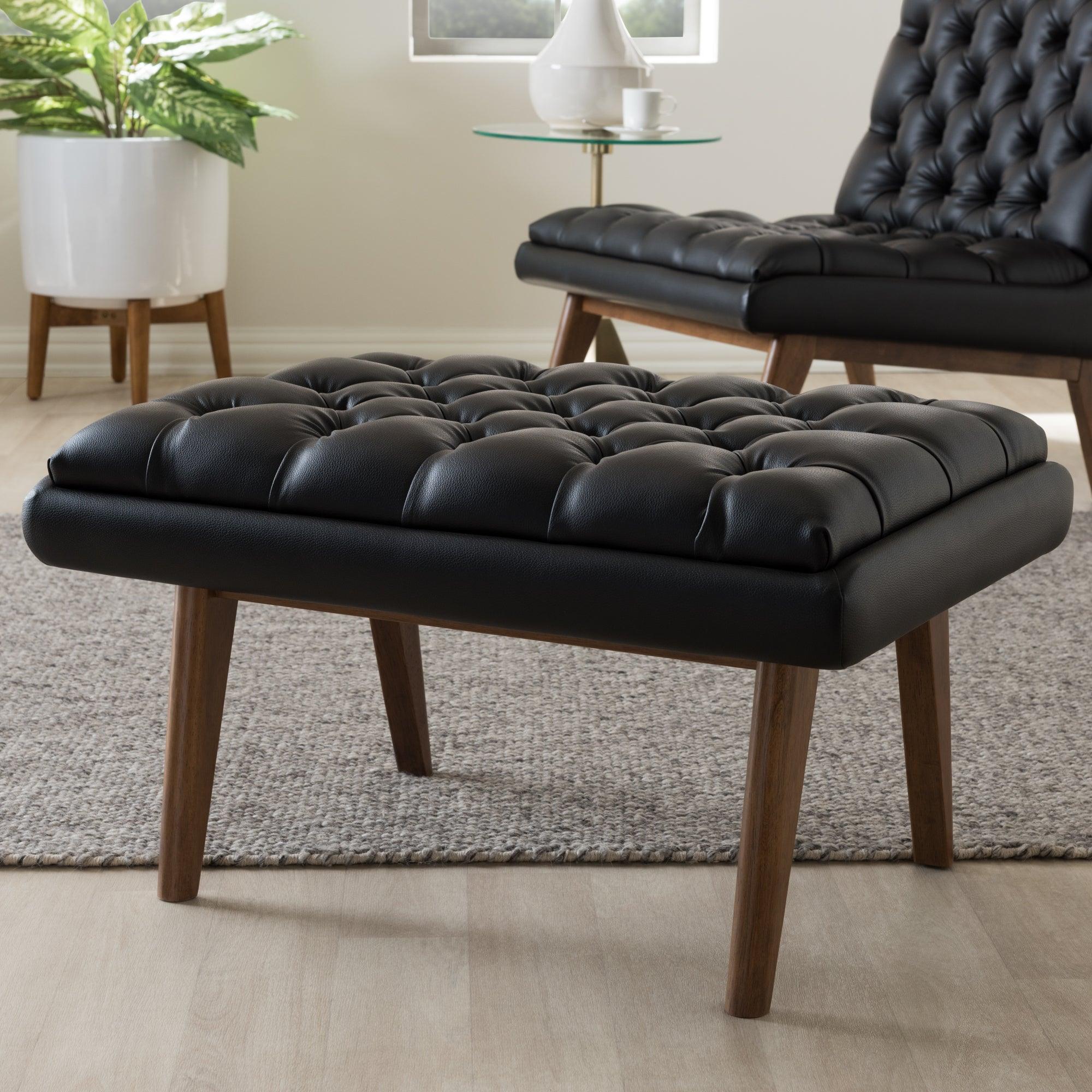 Annetha Mid-Century Modern Faux Leather Upholstered Finished Wood Ottoman
