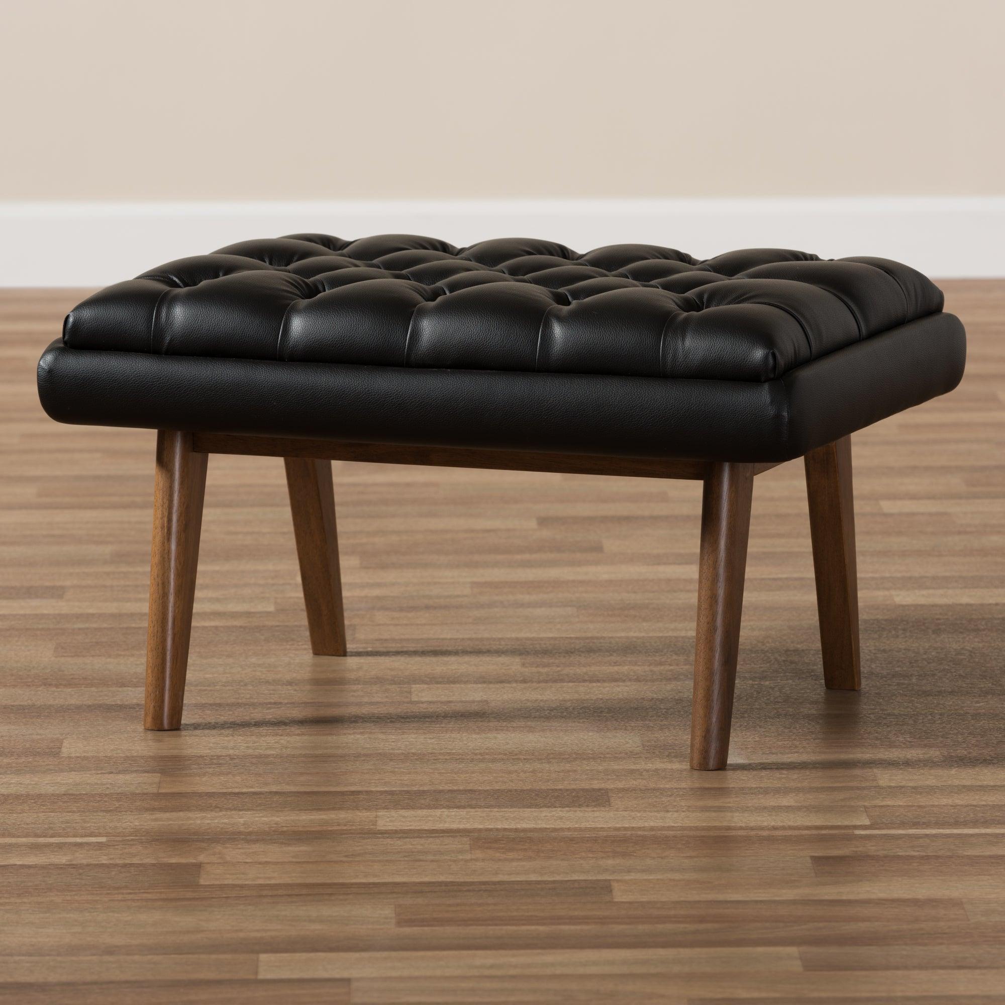 Annetha Mid-Century Modern Faux Leather Upholstered Finished Wood Ottoman
