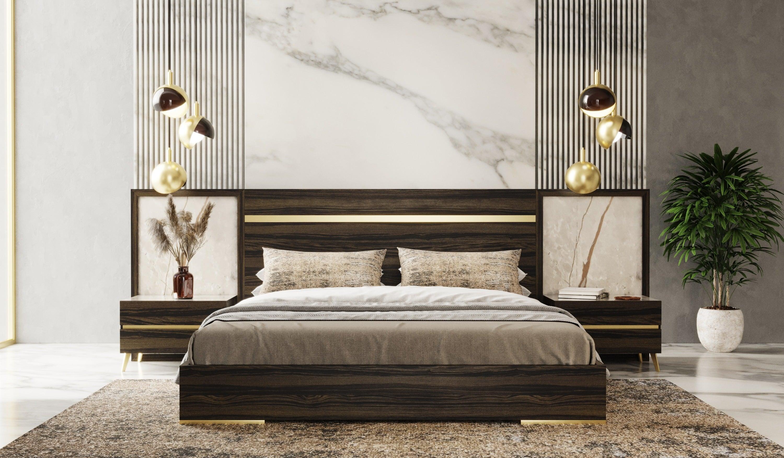 Velondra Modern Eucalypto and Marble Bed with Two Nightstands