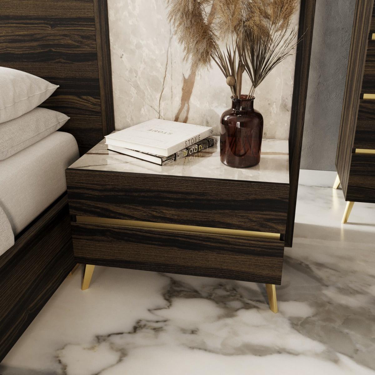 Velondra Modern Eucalypto and Marble Bed with Two Nightstands