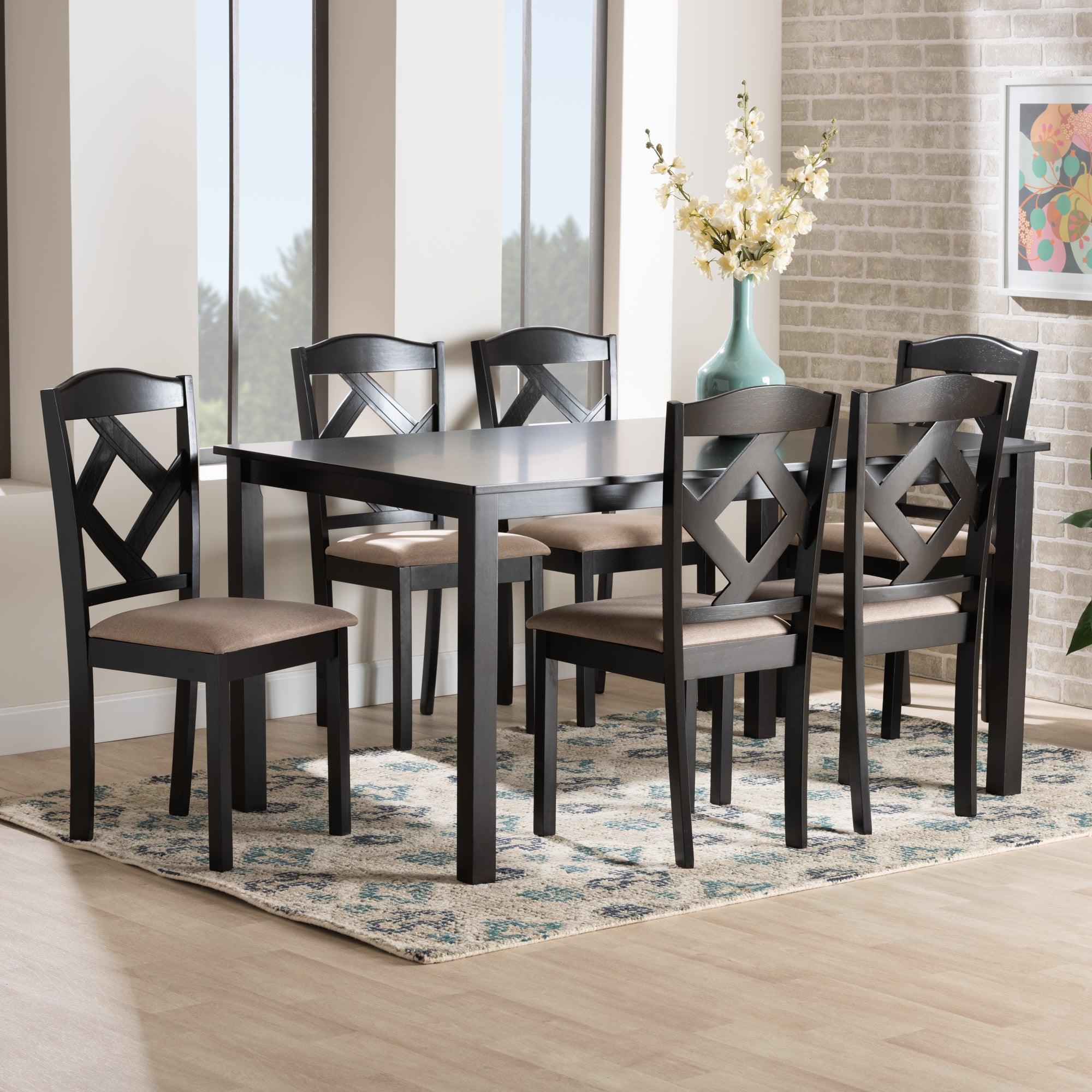 Ruth Sand Fabric Upholstered and Finished Wood 7-Piece Dining Set