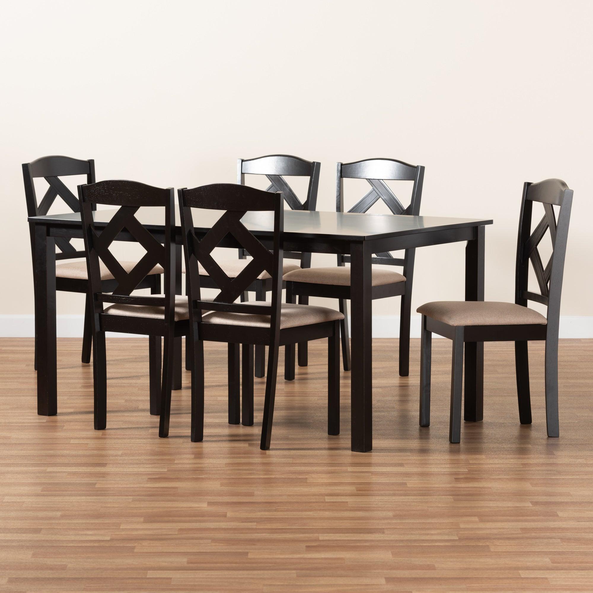 Ruth Sand Fabric Upholstered and Finished Wood 7-Piece Dining Set