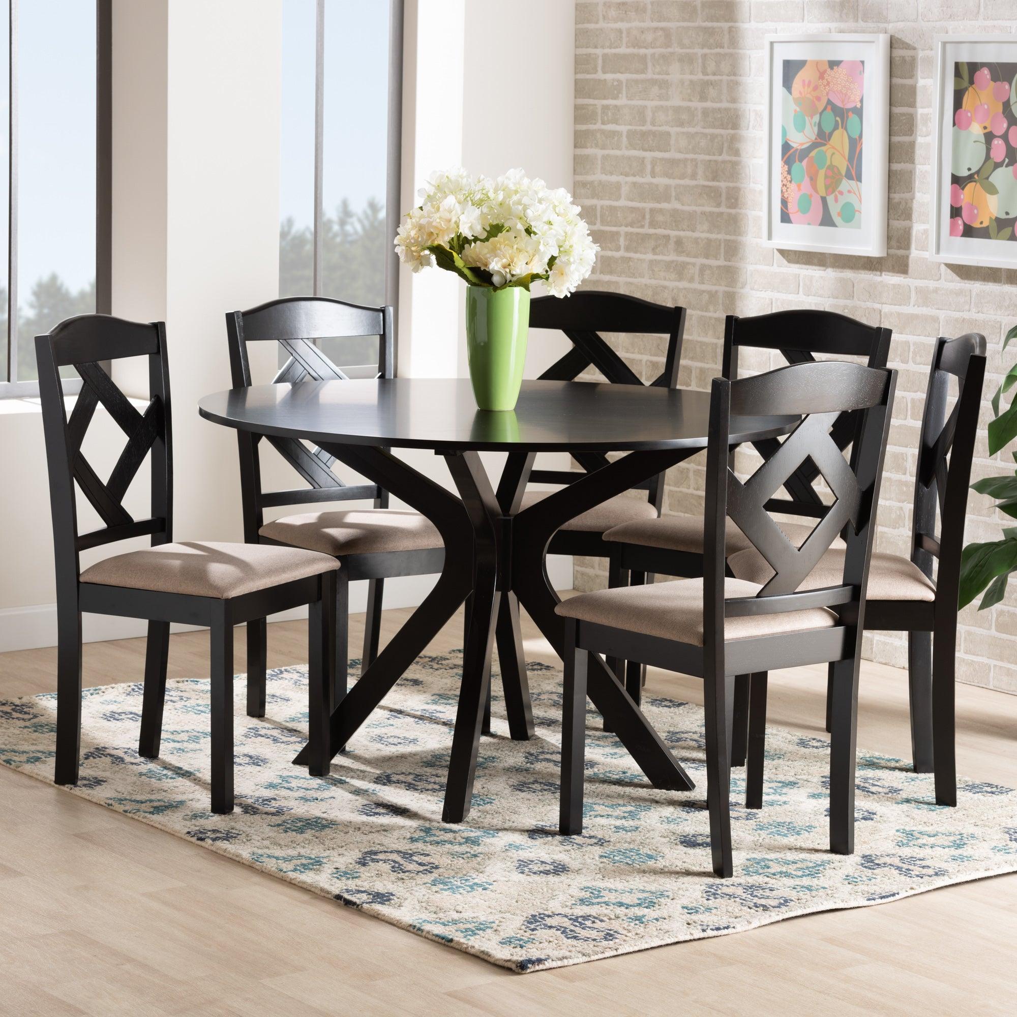 Carlin Sand Fabric Upholstered and Finished Wood 7-Piece Dining Set