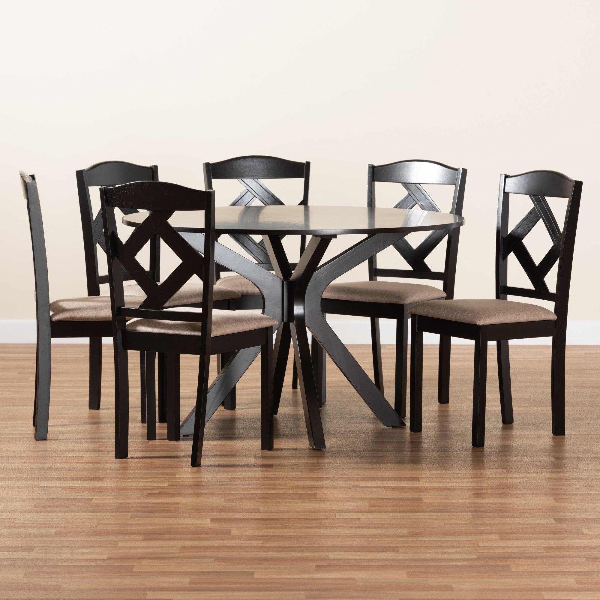 Carlin Sand Fabric Upholstered and Finished Wood 7-Piece Dining Set