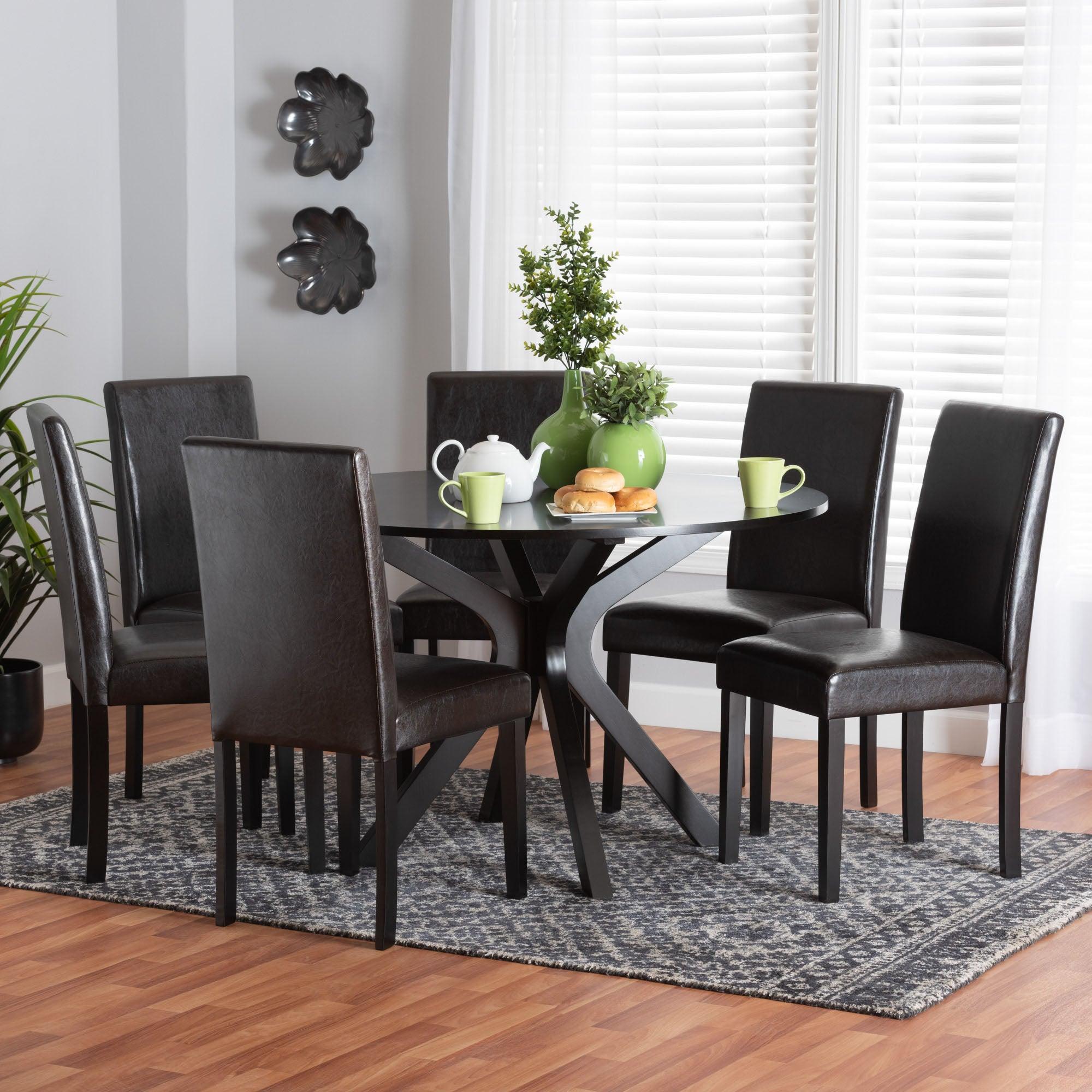 Asli Modern Espresso Faux Leather and Wood 7-Piece Dining Set