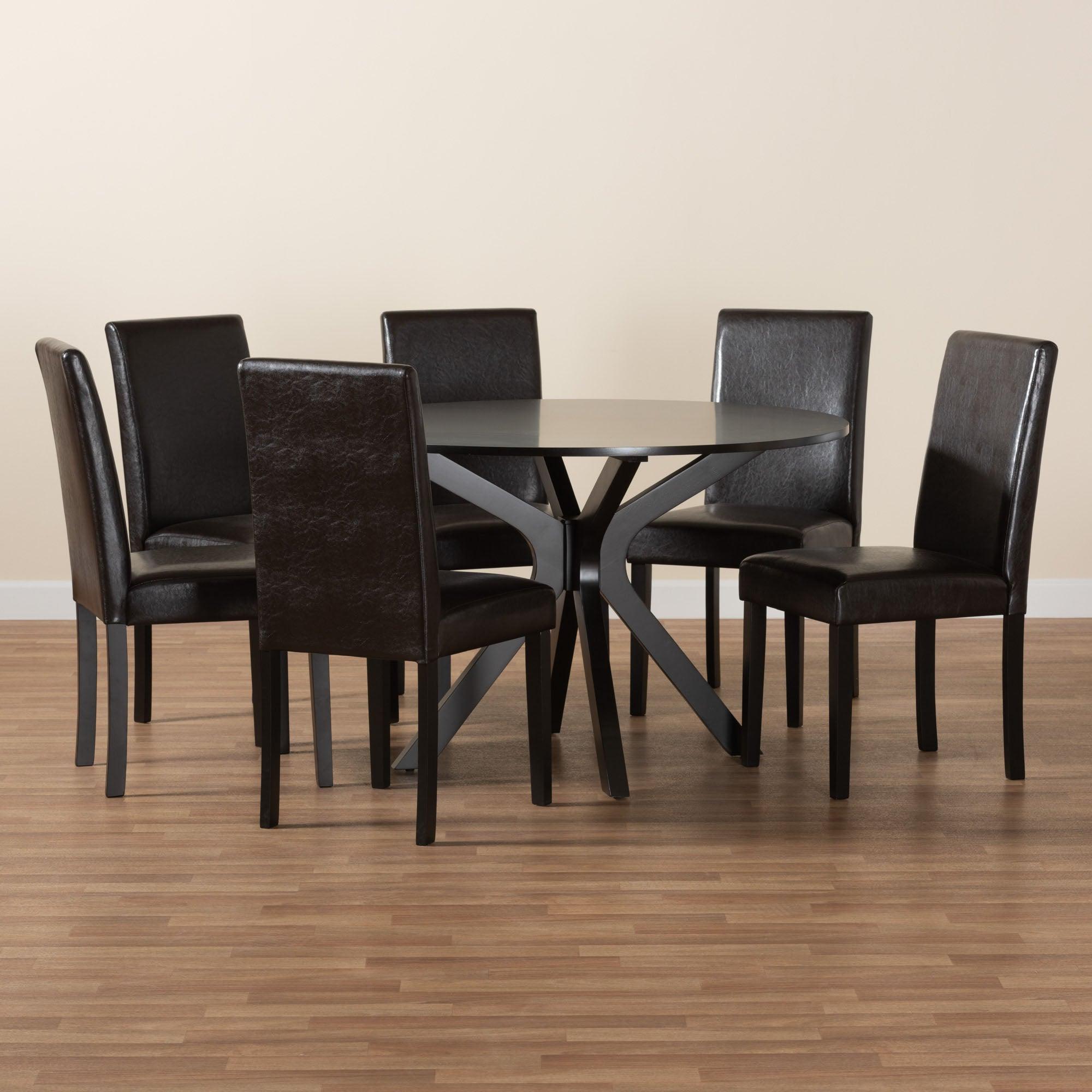Asli Modern Espresso Faux Leather and Wood 7-Piece Dining Set