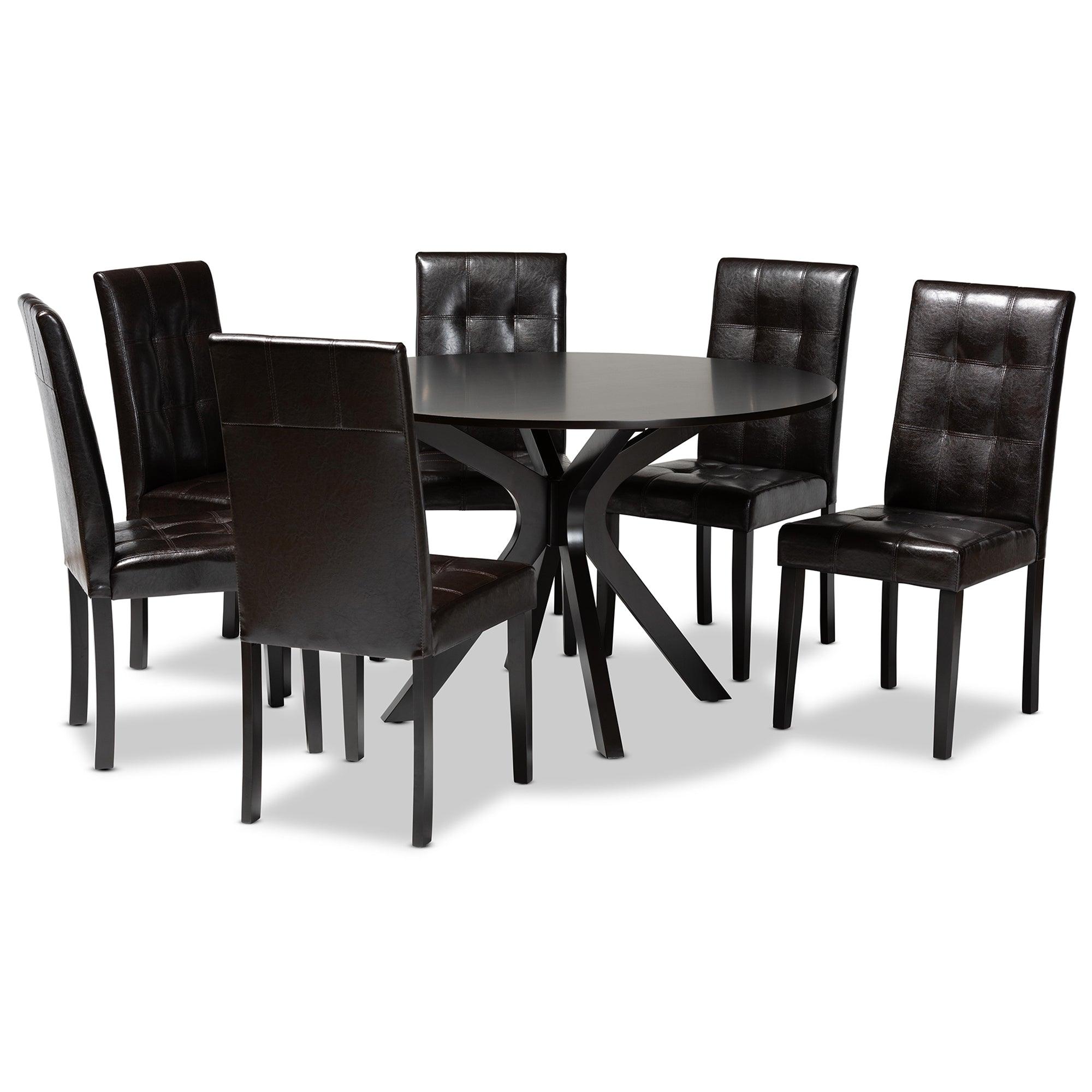 Marie Modern and Contemporary Faux Leather Upholstered and Finished Wood 7-Piece Dining Set