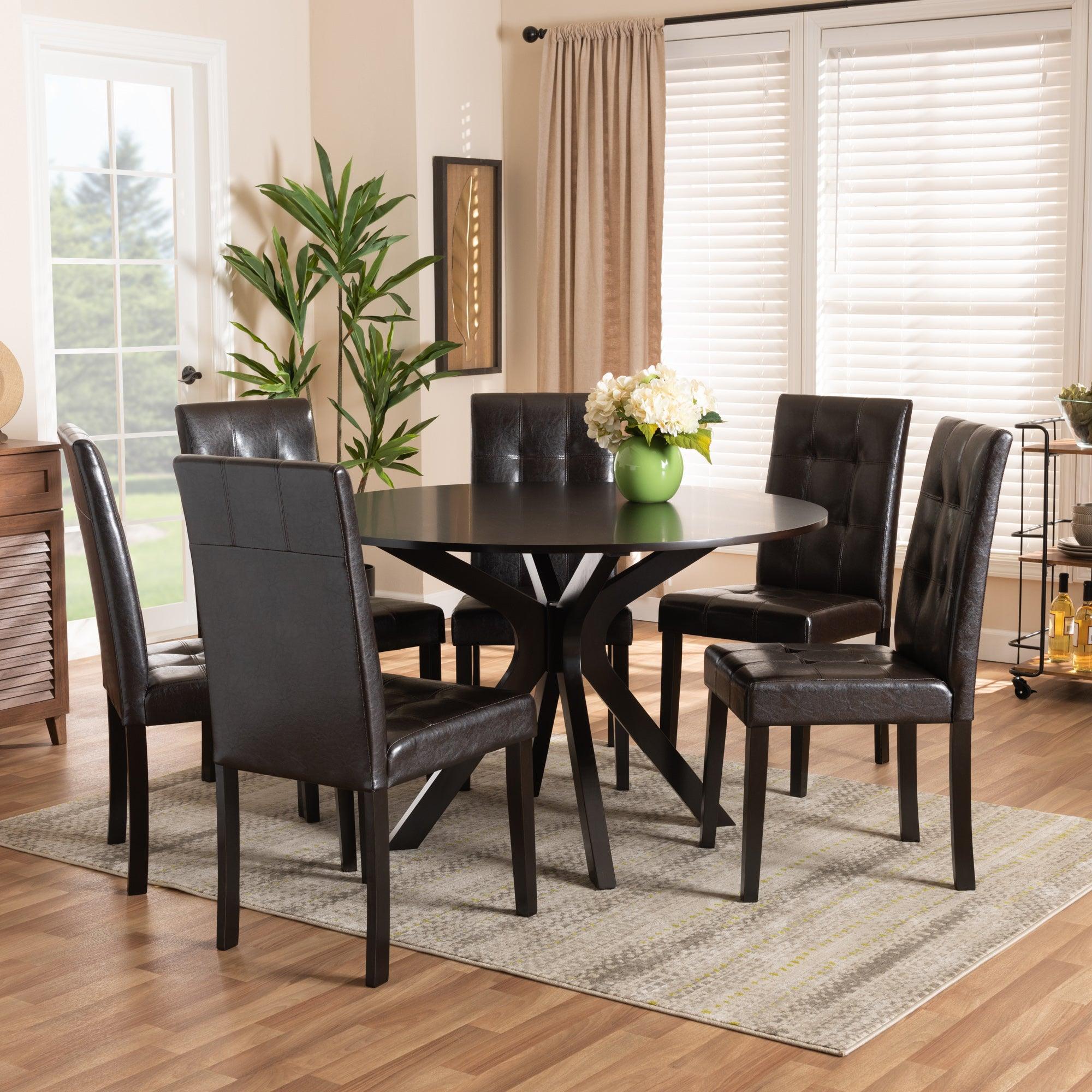 Marie Modern and Contemporary Faux Leather Upholstered and Dark brown Finished Wood 7-Piece Dining Set