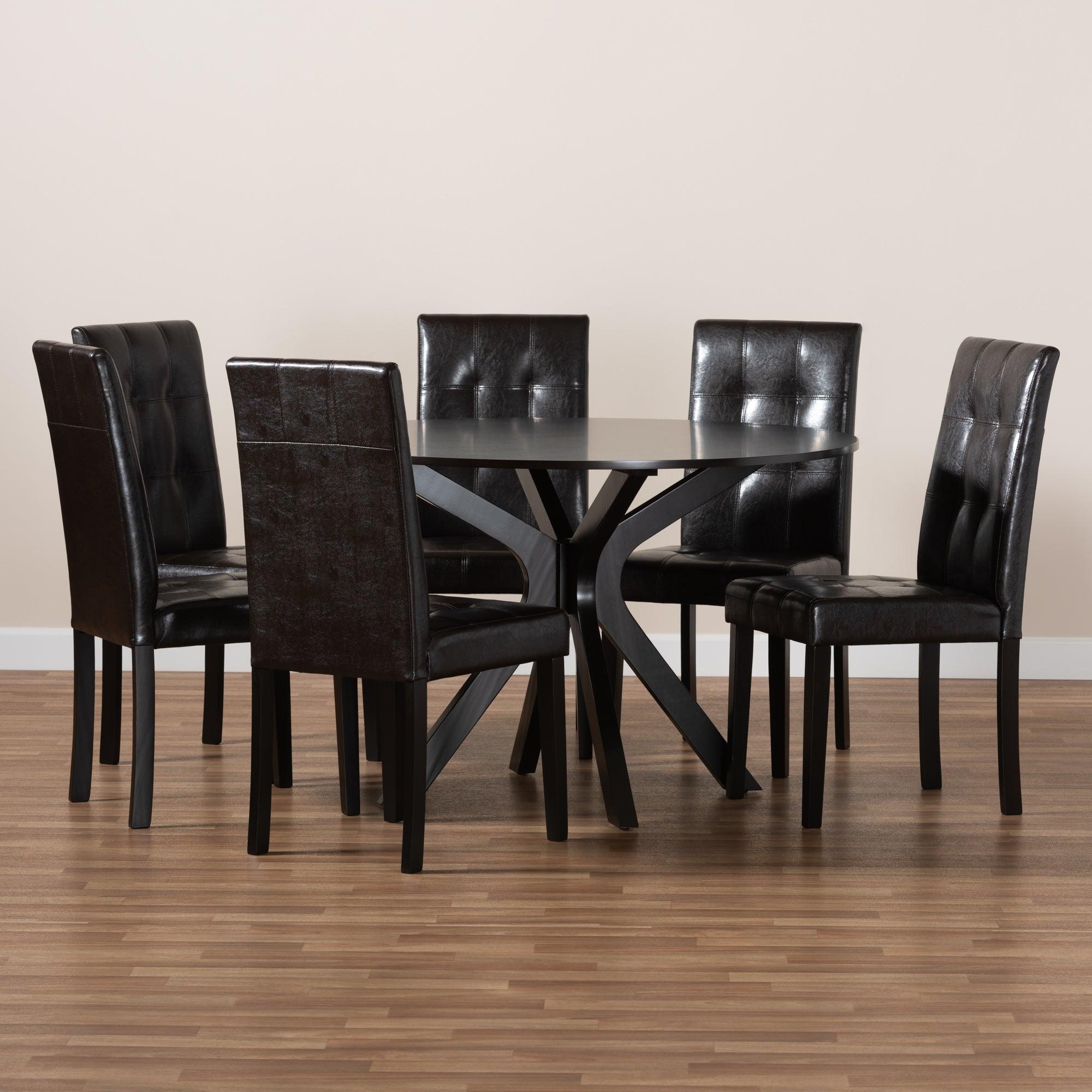 Marie Modern and Contemporary Faux Leather Upholstered and Dark brown Finished Wood 7-Piece Dining Set