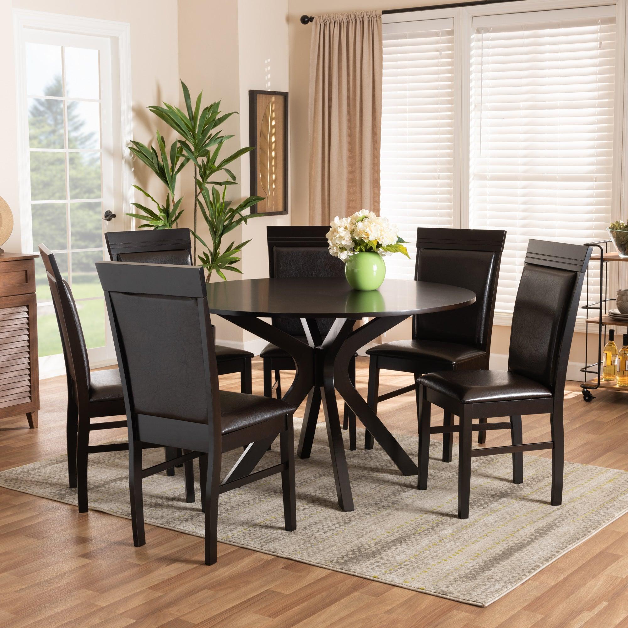 Jeane Modern and Contemporary Faux Leather Upholstered and Finished Wood 7-Piece Dining Set