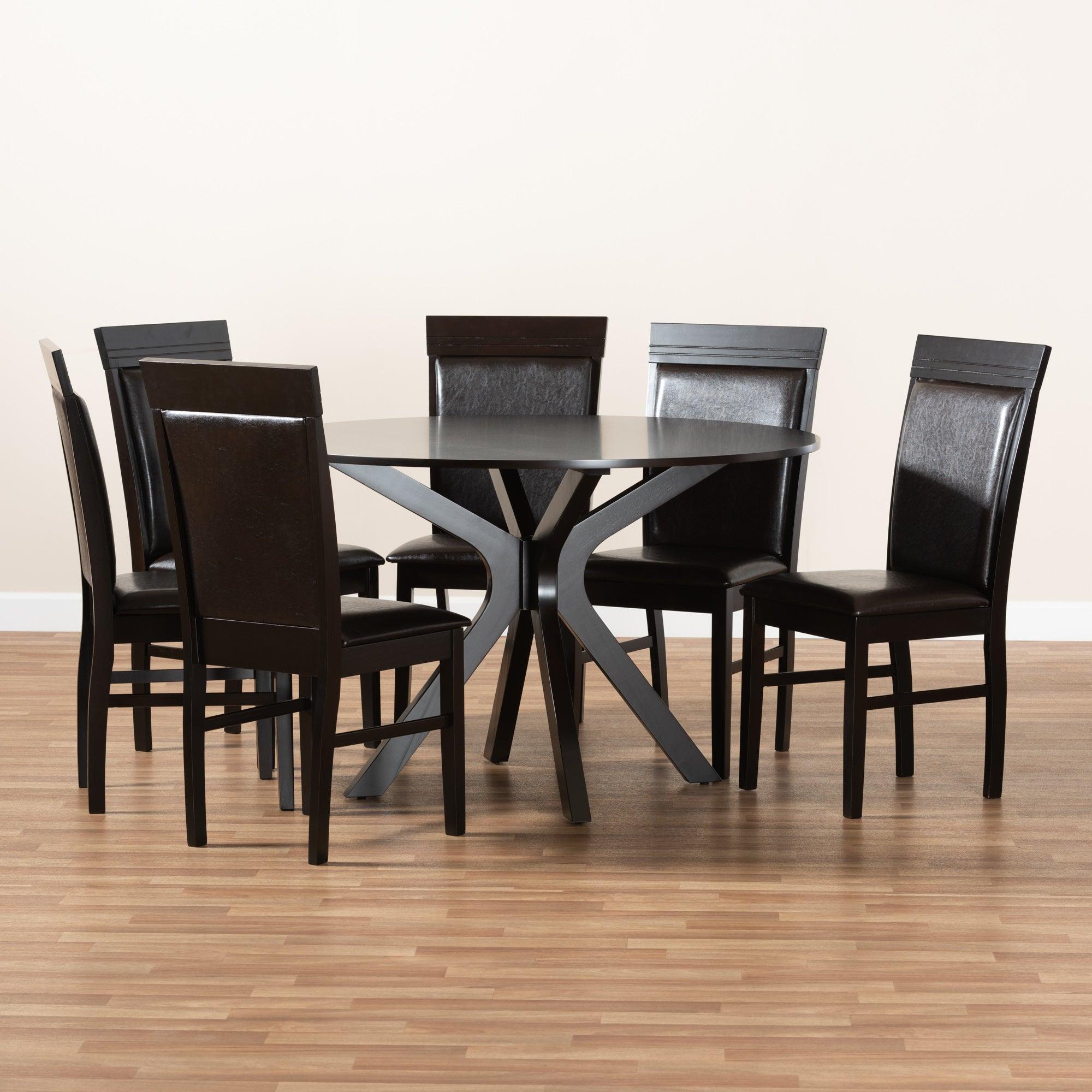 Jeane Modern and Contemporary Faux Leather Upholstered and Finished Wood 7-Piece Dining Set