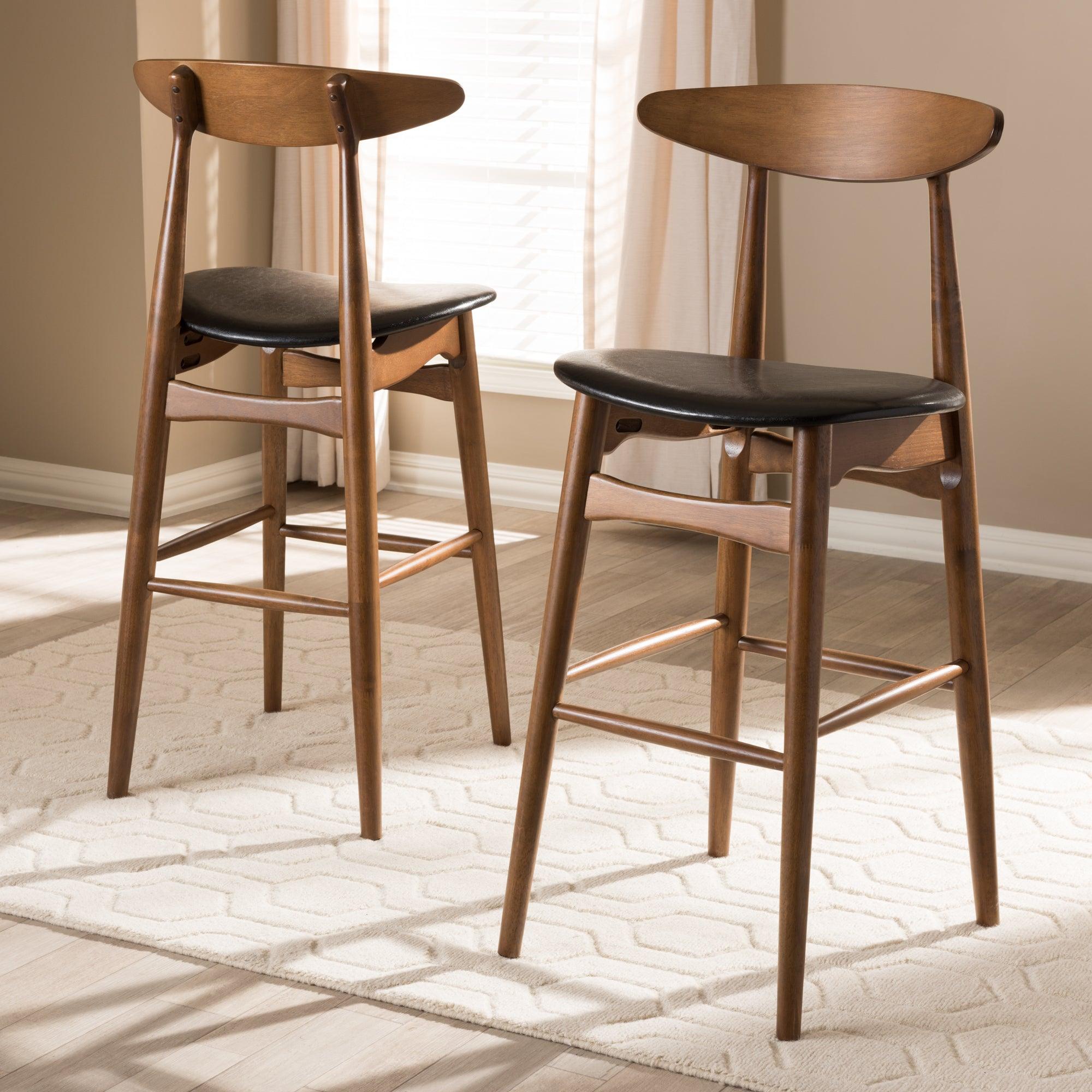 Flora Mid-Century Modern Faux Leather Upholstered Finished Bar Stool (Set of 2)