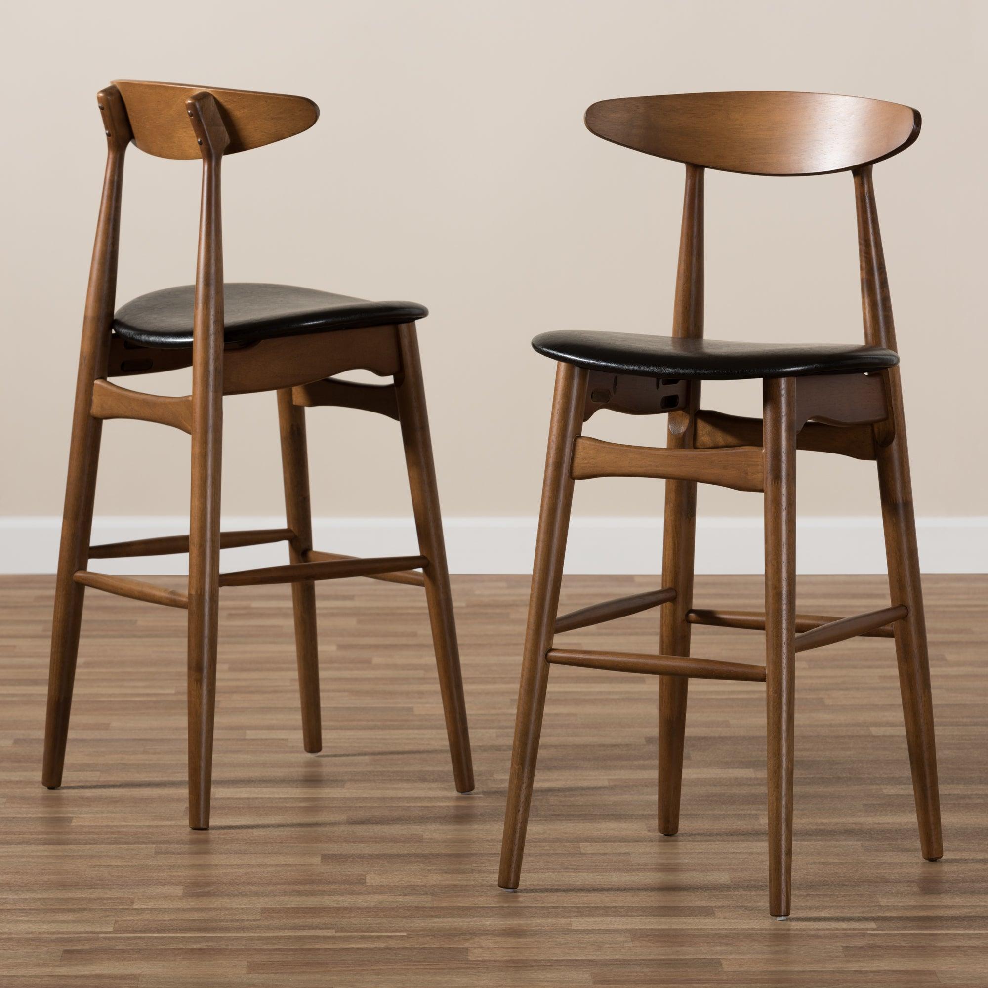 Flora Mid-Century Modern Faux Leather Upholstered Finished Bar Stool (Set of 2)
