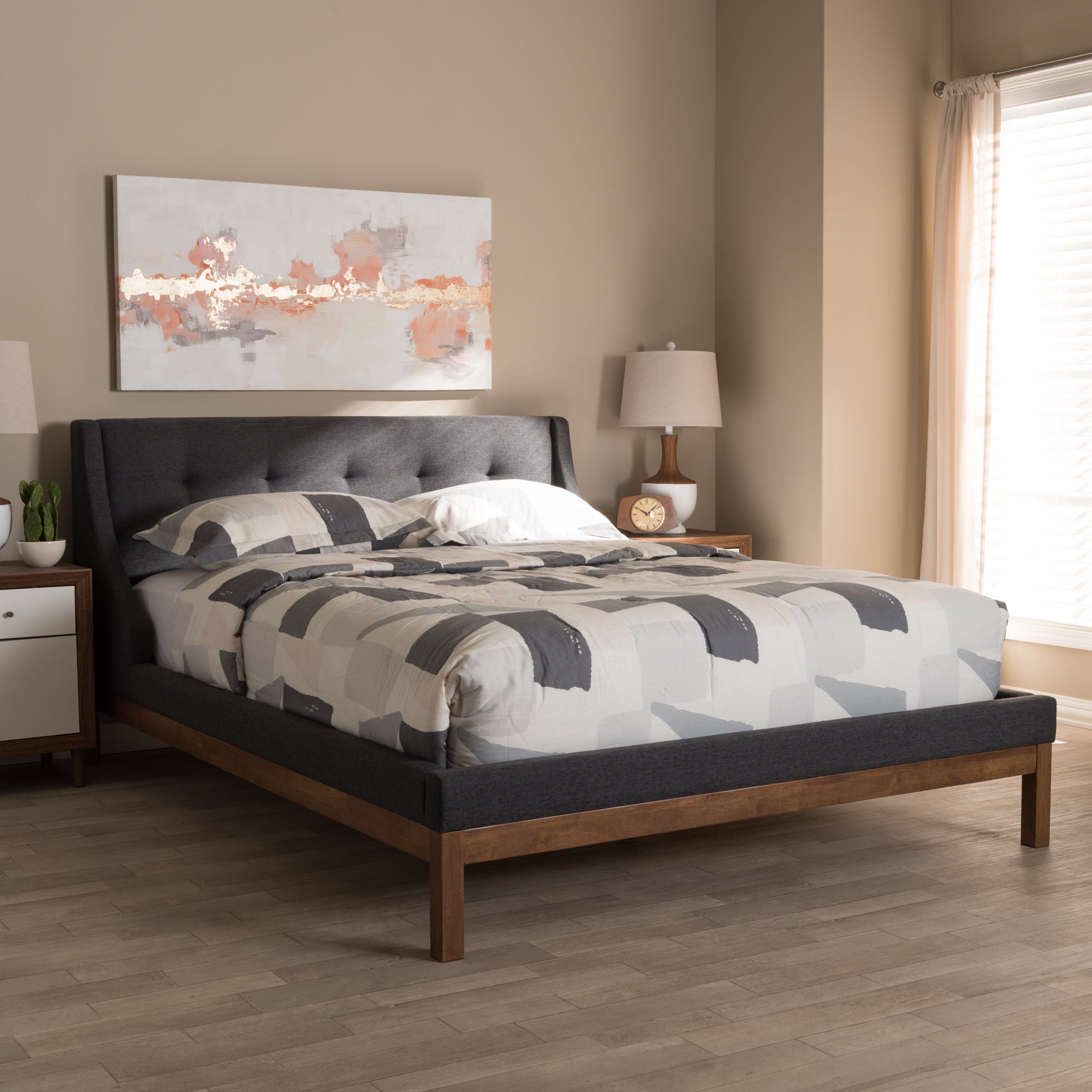 Louvain Modern and Contemporary Dark Fabric Upholstered -Finished d Platform Bed