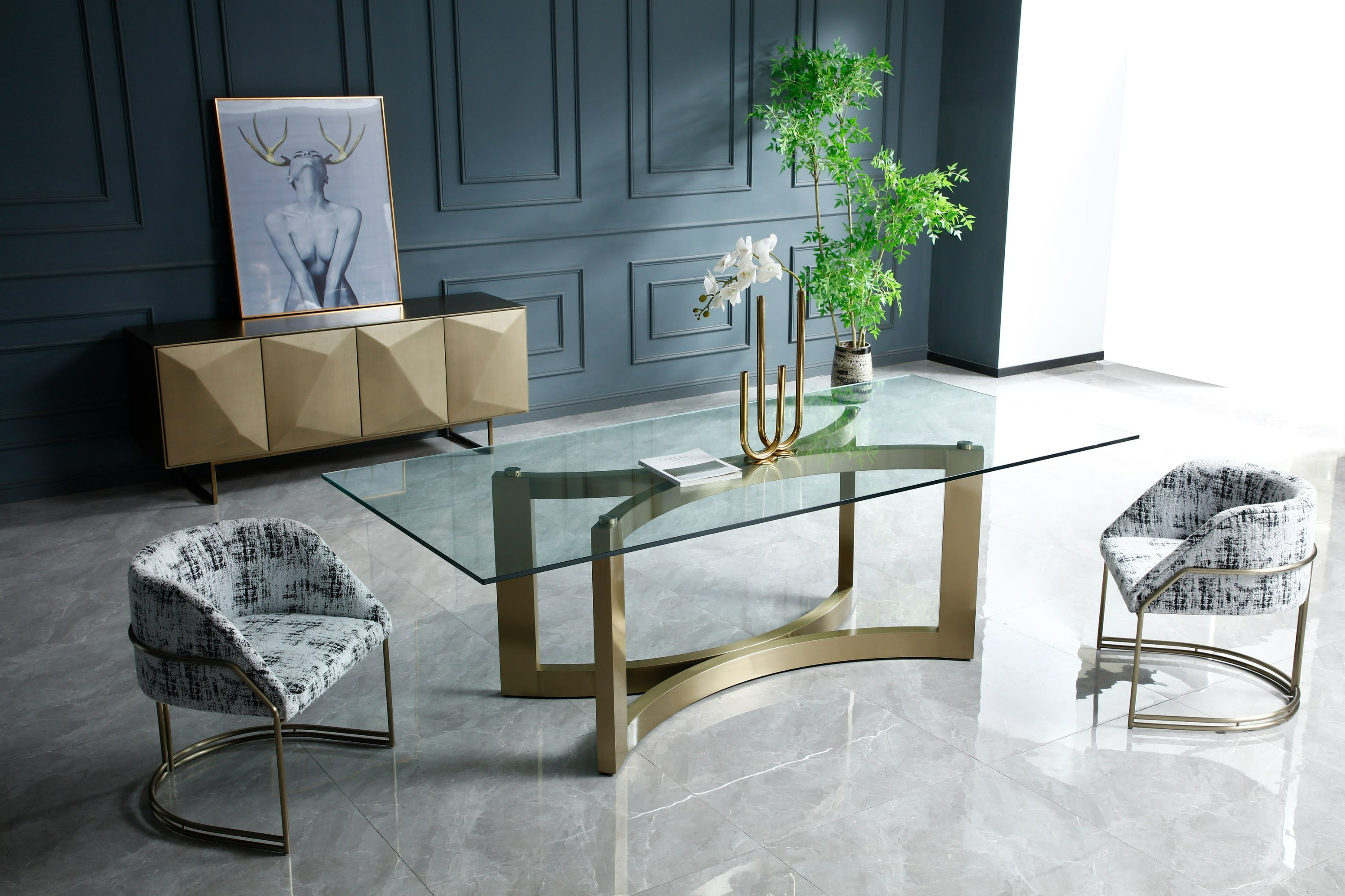 Mingus Modern Glass and Brushed Rectangualr Dining Table