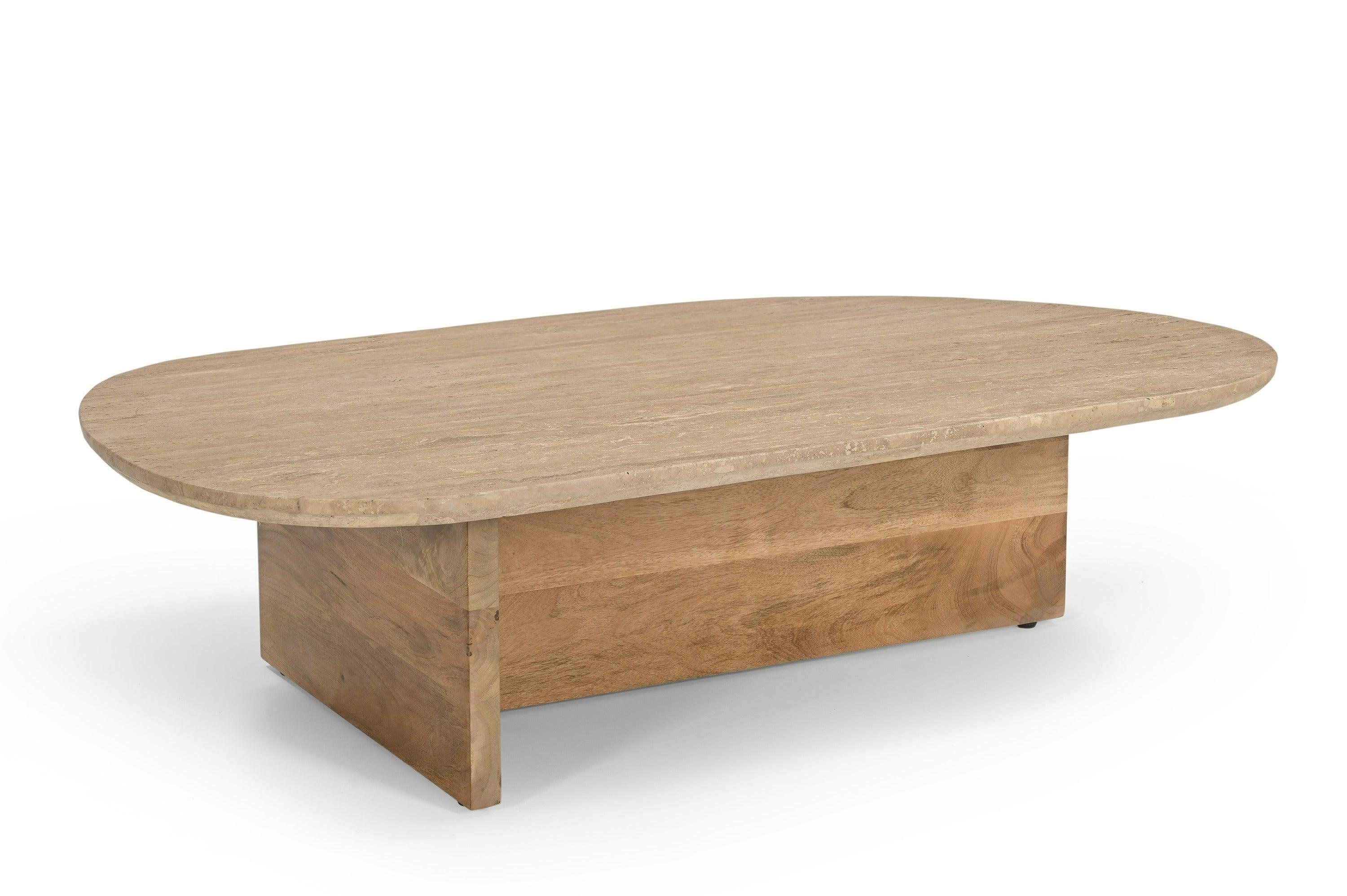 Modrest Chisholm Modern Travertine Marble Wood Freeform Coffee Table