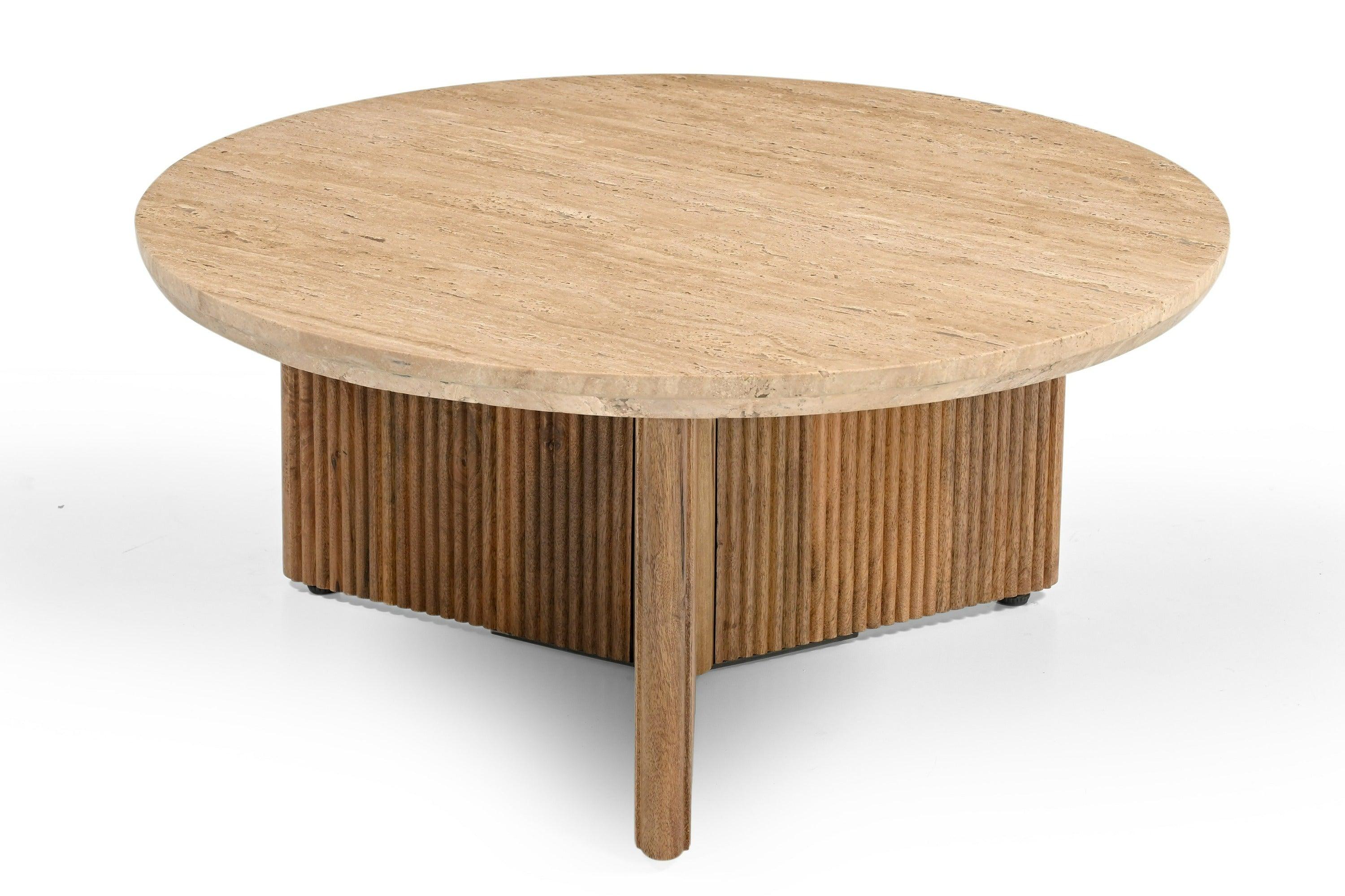 Modrest Pawnee Modern Travertine Marble Wood Round Coffee Table
