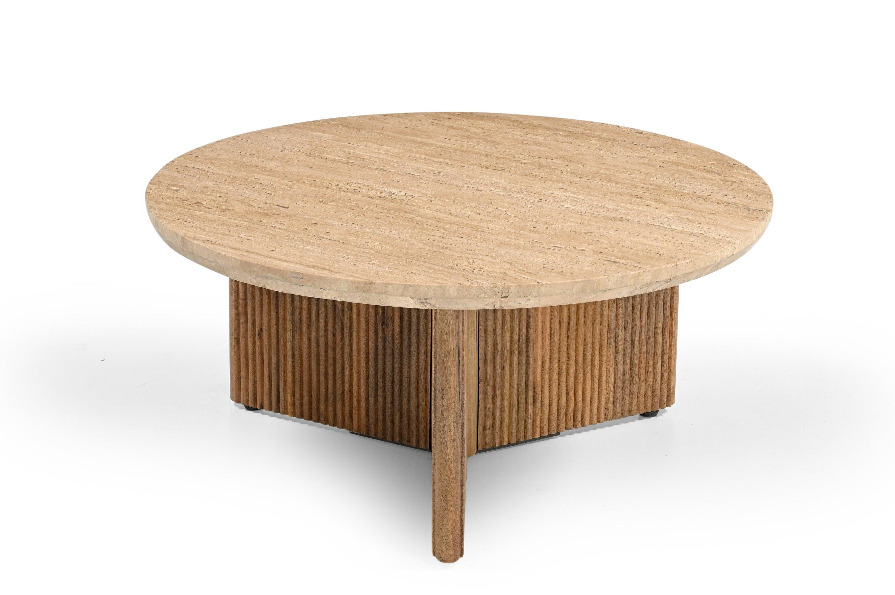 Pawnee Modern Travertine Marble and Wood Round Coffee Table