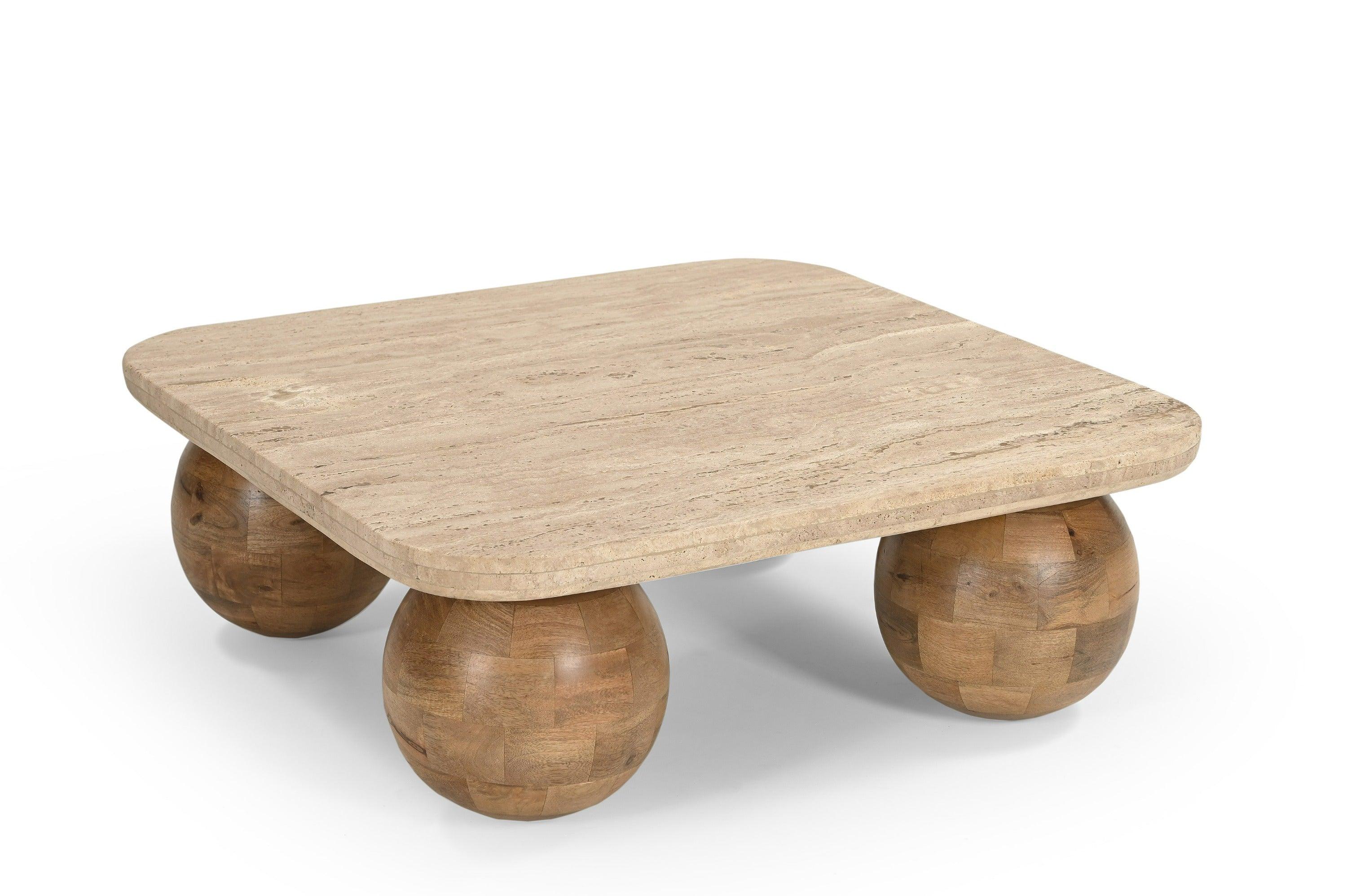 Modrest Seadrift Modern Travertine Marble Wood Square Coffee Table